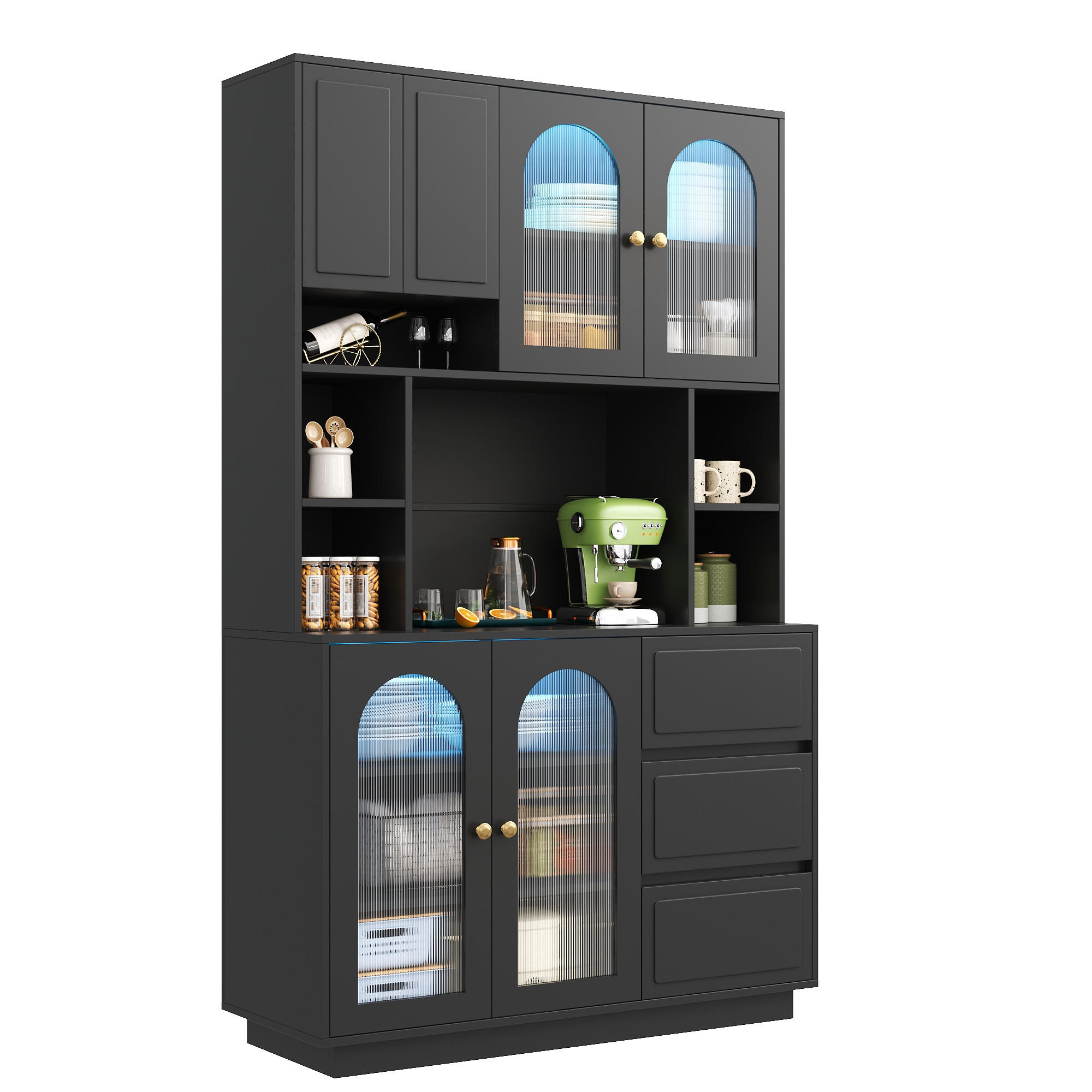 BUFFET Hochschrank mit Acrylfront, LED-Beleuchtung und offenen Fächern - Schwarz, Holzwerkstoff (30/175/106cm) - Korfee
