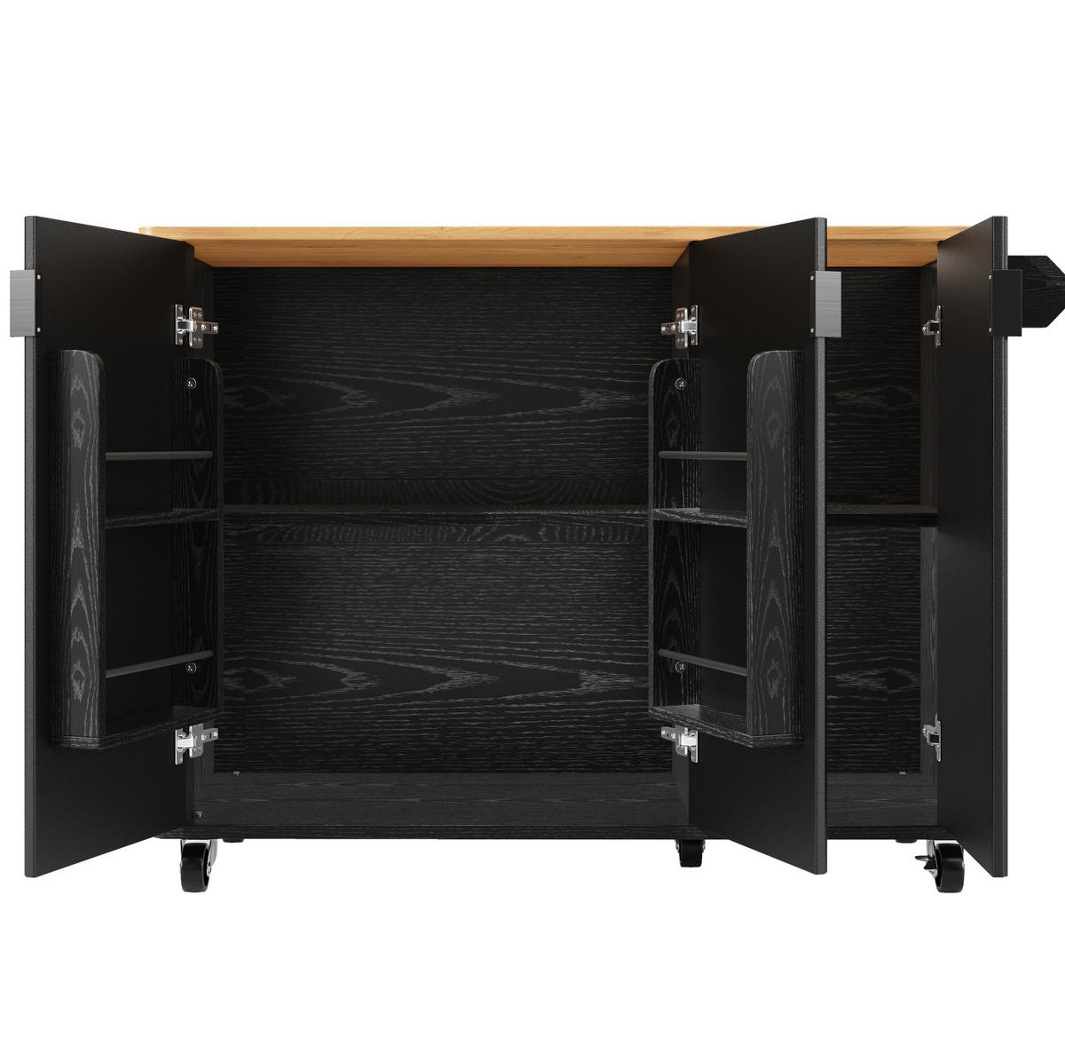 KÜCHENINSEL aus MDF 130x45(75)x92 cm Schwarz mit klappbarer Arbeitsplatte, 5 Rollen und verstellbaren Einlegeböden - Schwarz, Holzwerkstoff (130/92/45cm) - Modfu