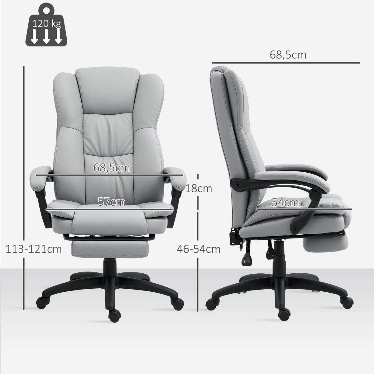 BÜROSTUHL mit 5 Massagemodi, Ergonomisch Schreibtischstuhl mit Liegefunktion - Hellgrau/Schwarz, Kunststoff (68.5/121/68.5cm) - Vinsetto