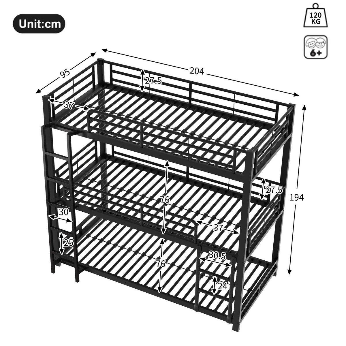ETAGENBETT Dreifach 90/200 cm Schwarz Metallbett mit Geländern - Schwarz, Metall (90/200cm) - OKWISH