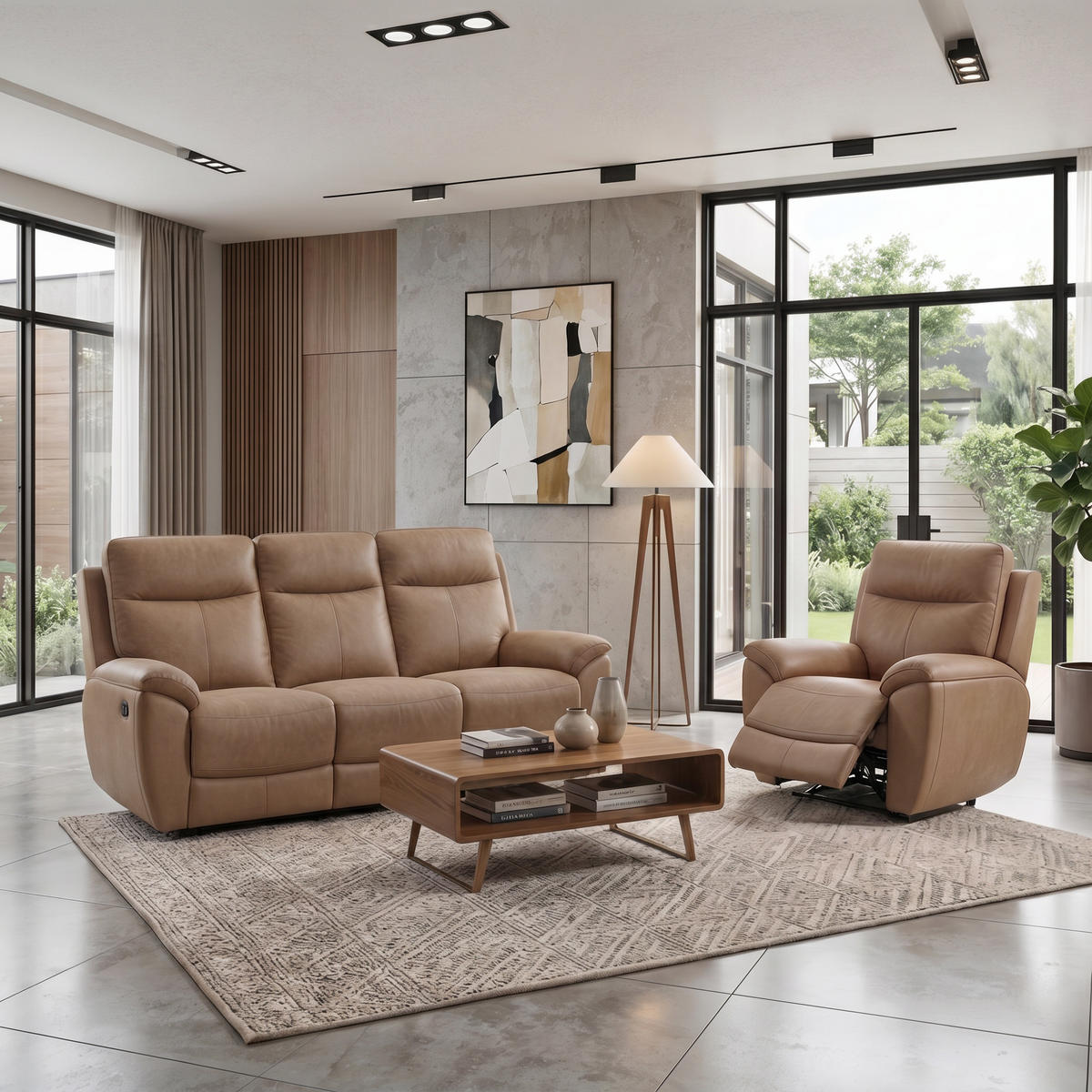 SITZGARNITUR Dolce, Sofa+Sessel mit Relaxfunktion, Sandfarben, Velours - Braun, Textil (215/106/100cm) - Beautysofa