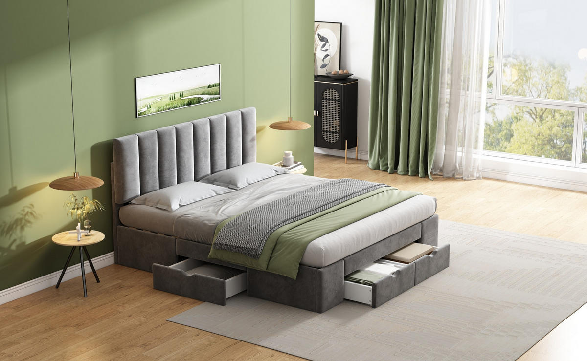 POLSTERBETT 160/200 cm grau aus Samt mit 4 Schubladen - Grau, Textil (160/200cm) - OKMYHOME