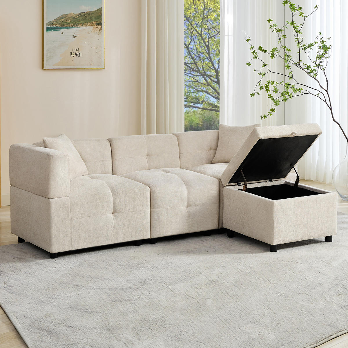 3-SITZER Ecksofa Chenille mit Stauraum-Fußhocker und 2 Kissen 204/126/69 cm Beige - Beige, Kunststoff/Textil (126/204cm) - Redom