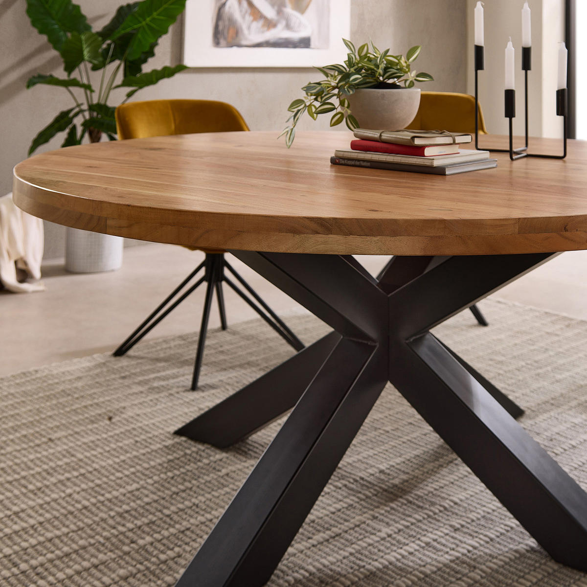 ESSTISCH mit Massivholzplatte - Mango massiv / Eisen - Schwarz/Braun, Holz/Metall (160/160/75cm) - home24