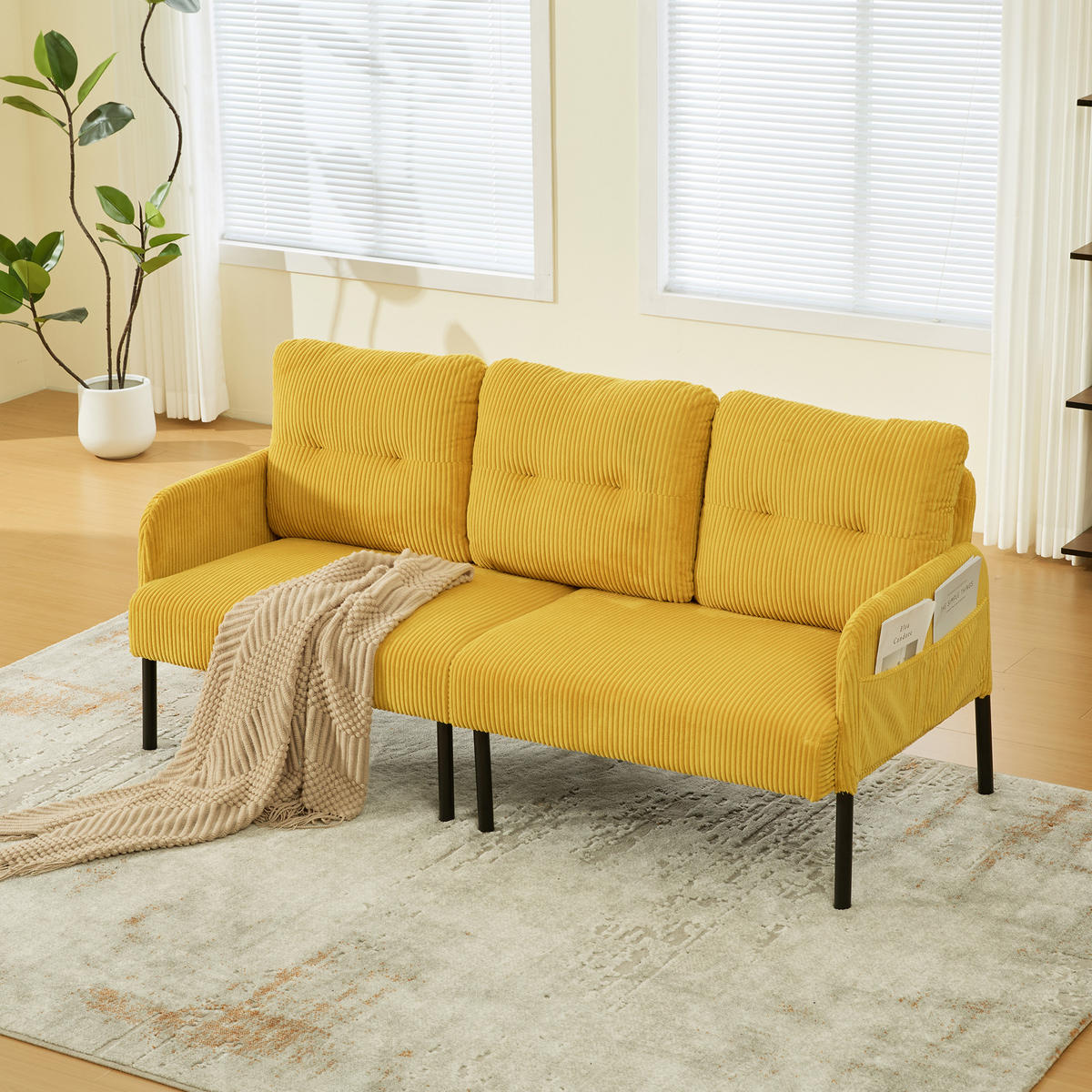 3-SITZER-SOFA DE-33596 mit Seitentaschen Gelb - Gelb, Metall (171/80/72cm) - ComfortXL