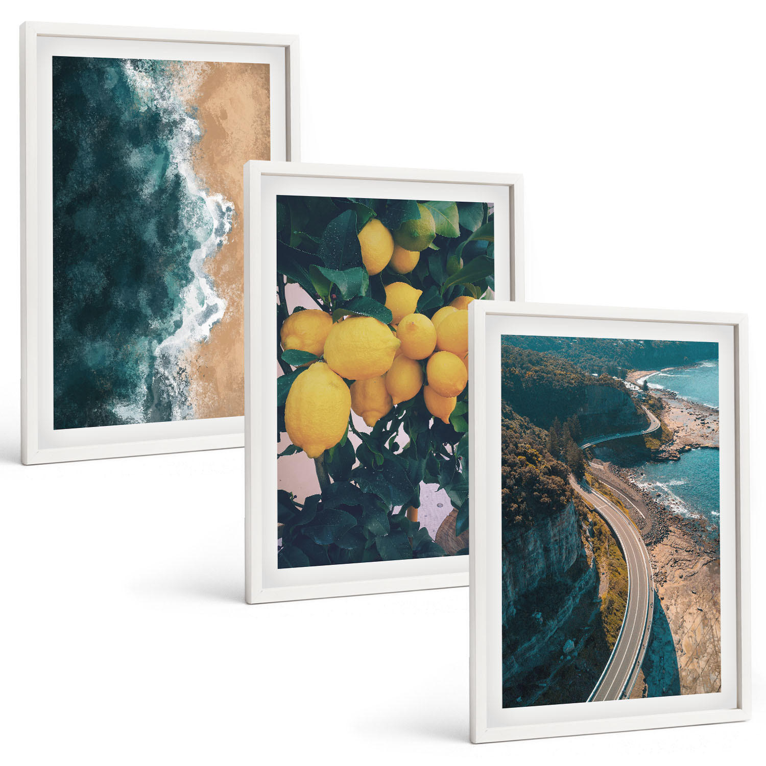 BILDER SET 3er Set - 40x60 cm Weißer Rahmen - Meerstrand Zitronen Berge - Weiß, Kunststoff (40/60cm) - TULUP