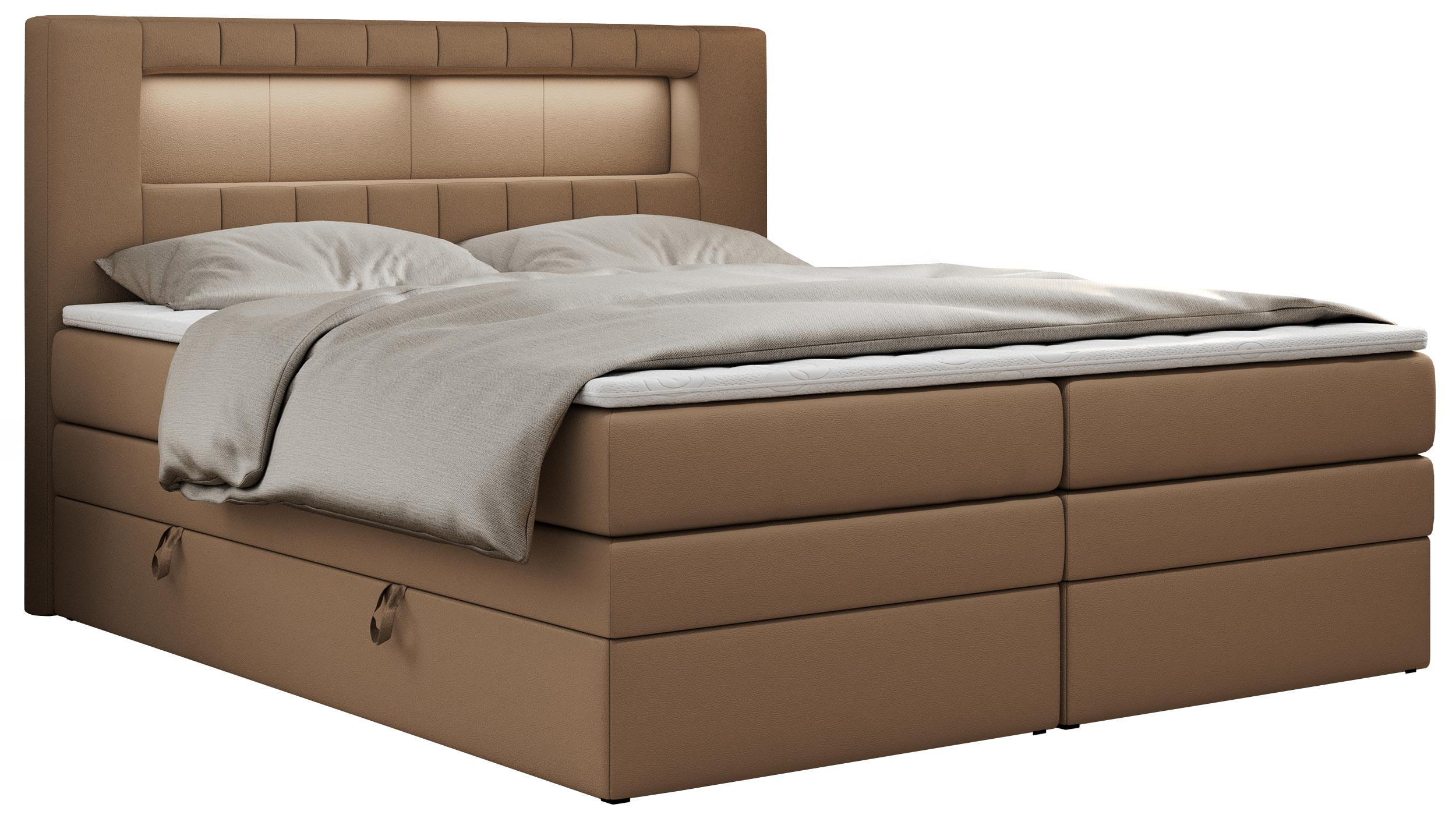 BOXSPRINGBETT GOLD-5 KING LED 200/200 Braun Kunstleder - H3 - Braun, Holz/Textil (200/200cm) - MKS
