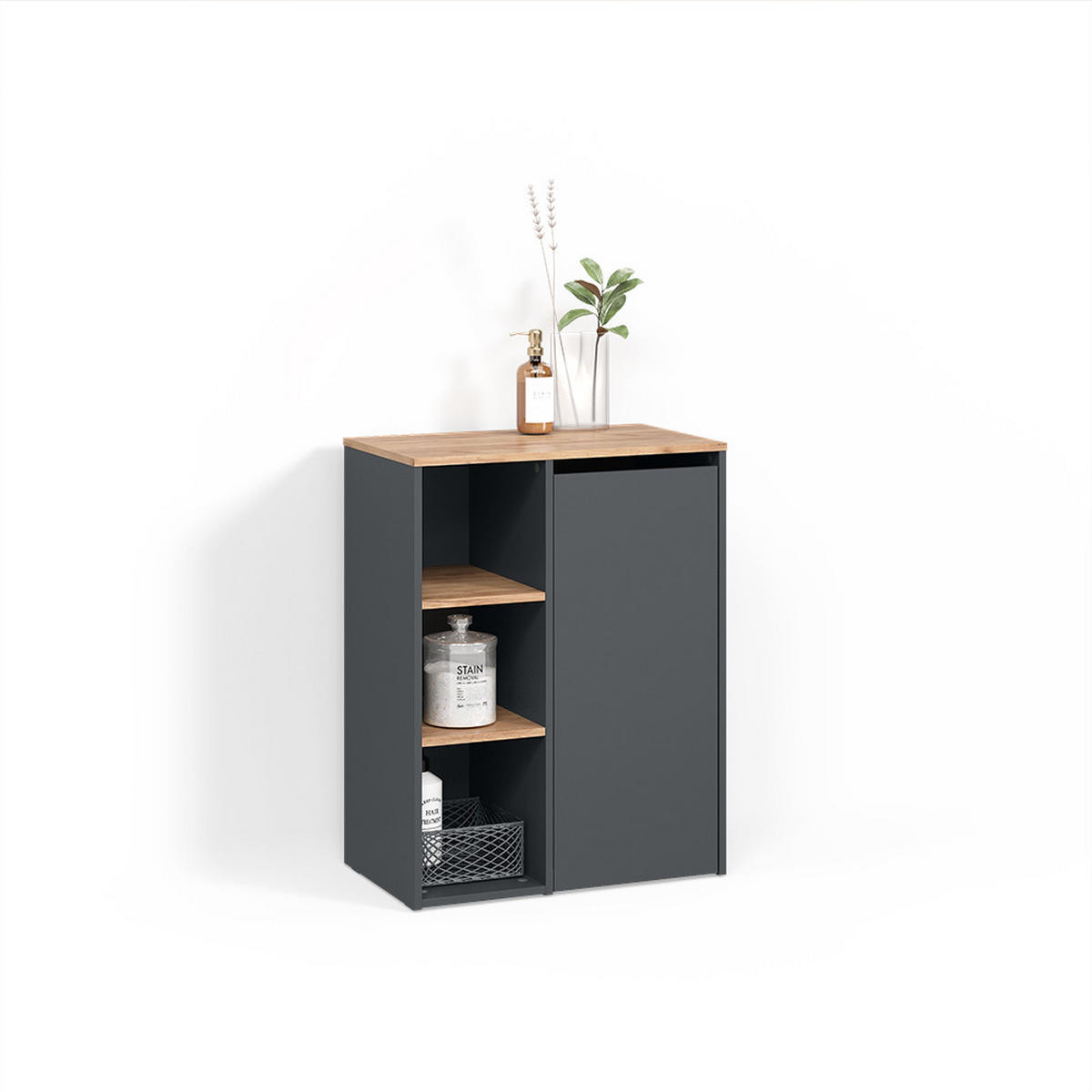BADSCHRANK Paolina Anthrazit/Goldkraft Eiche 68 x 88.2 cm , mit offenen Regalen und Wäschekorb - Honigeiche/Anthrazit, Holzwerkstoff (68/88.2/40.5cm) - Livinity®