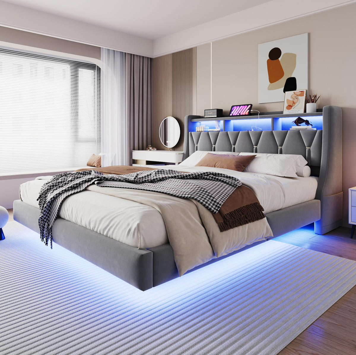 ČALOUNĚNÁ postel 180/200 cm šedá z sametu s LED osvětlením, USB a úložným čelem - šedá, kompozitní dřevo (180/200cm) - OKWISH