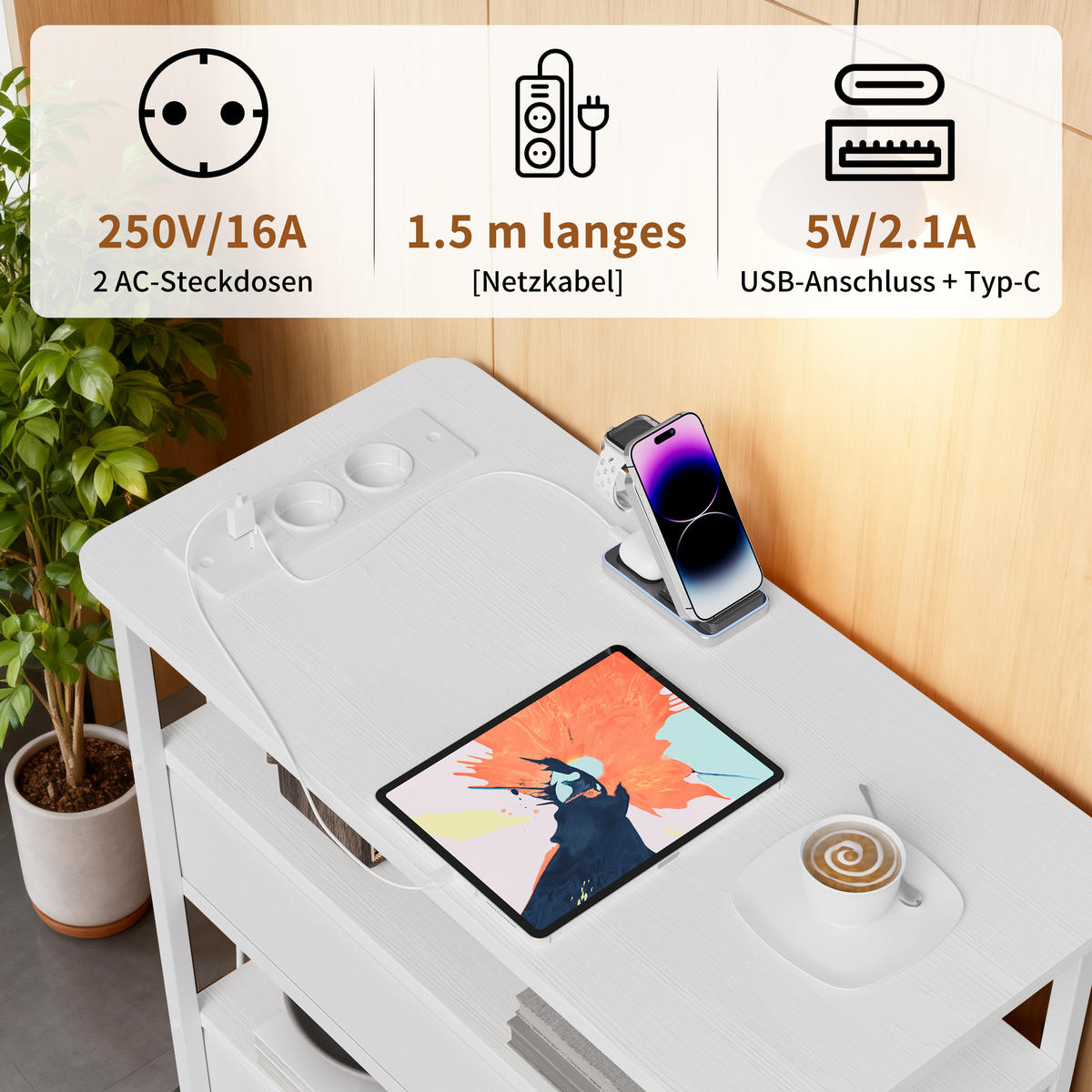 NACHTTISCH LED USB 2 Schubladen 2 Fächer weiß - Weiß, Holz (58/28/60.5cm) - LEBENLANG