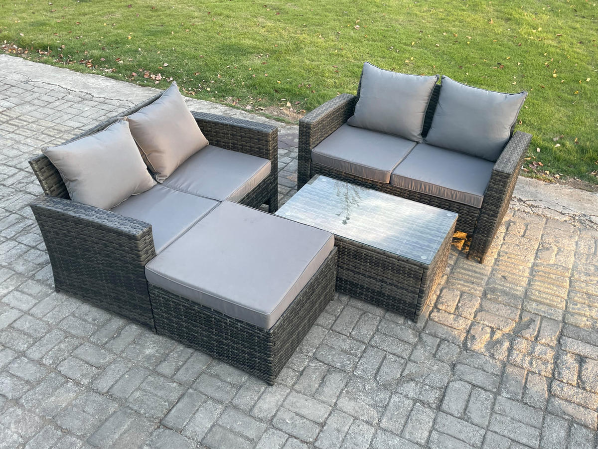 GARTENMÖBEL-SET MIT RECHTECKIGEM COUCHTISCH DOPPELSITZ-SOFA HOCKER Polyrattan Dunkelgrau Gemischt 5-Sitzer - Dunkelgrau, Metall - Fimous