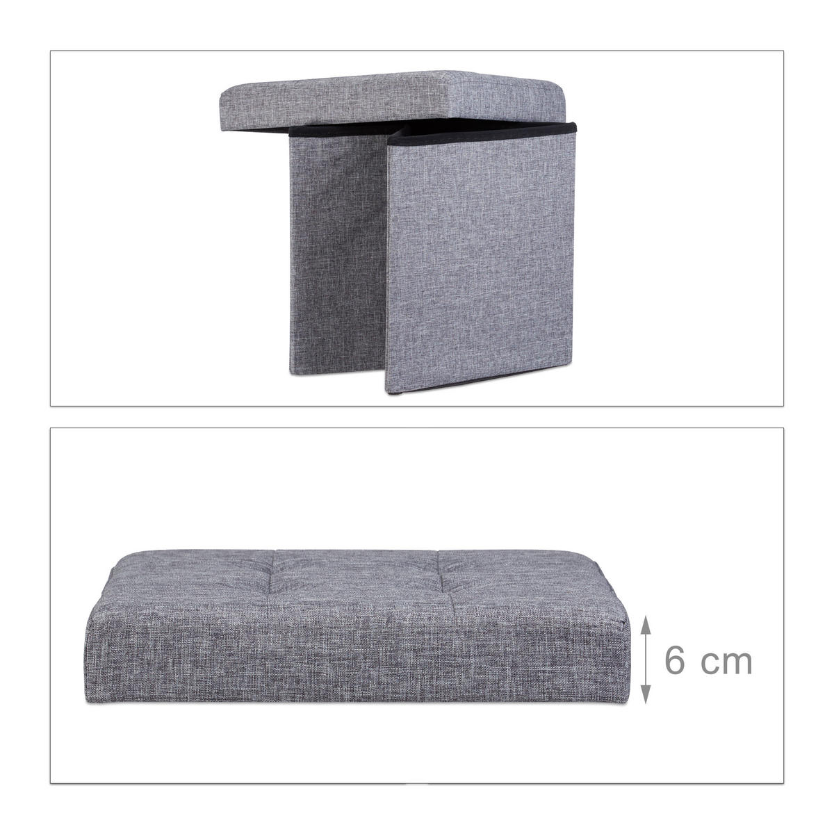 FALTBARER Sitzhocker - Anthrazit, Holzwerkstoff/Textil (38/38/38cm) - Relaxdays