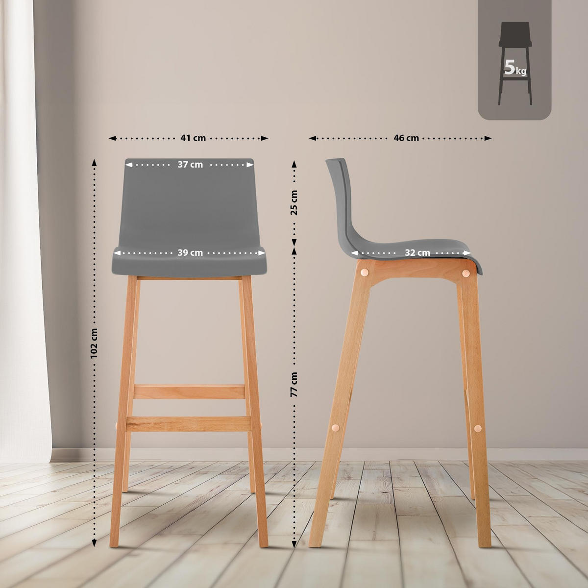 BARHOCKER Hover Massivholz 102x41x46 cm grau - Grau, Holz (41/102/46cm) - furnicato
