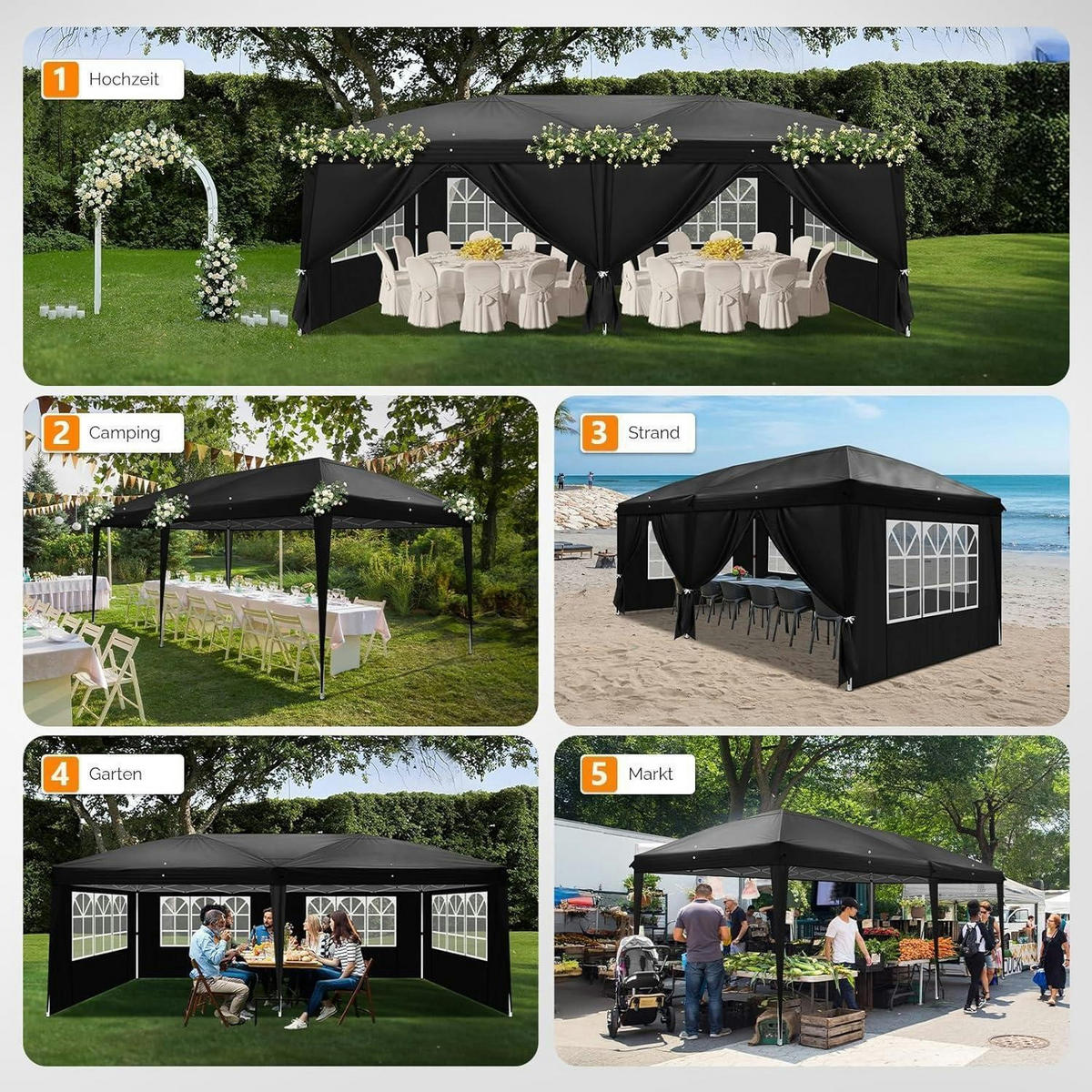 GARTENZELT 3x6m Höhenverstellbar Wasserdicht mit 6 Seitenteilen Schwarz - Schwarz, Textil (300/255/600cm)