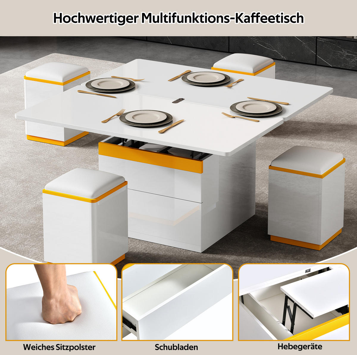 COUCHTISCH 100/50/43 cm höhenverstellbar mit Stauraum und 4 Hockern - Weiß, Holzwerkstoff (100/50/43cm) - Flora Grace