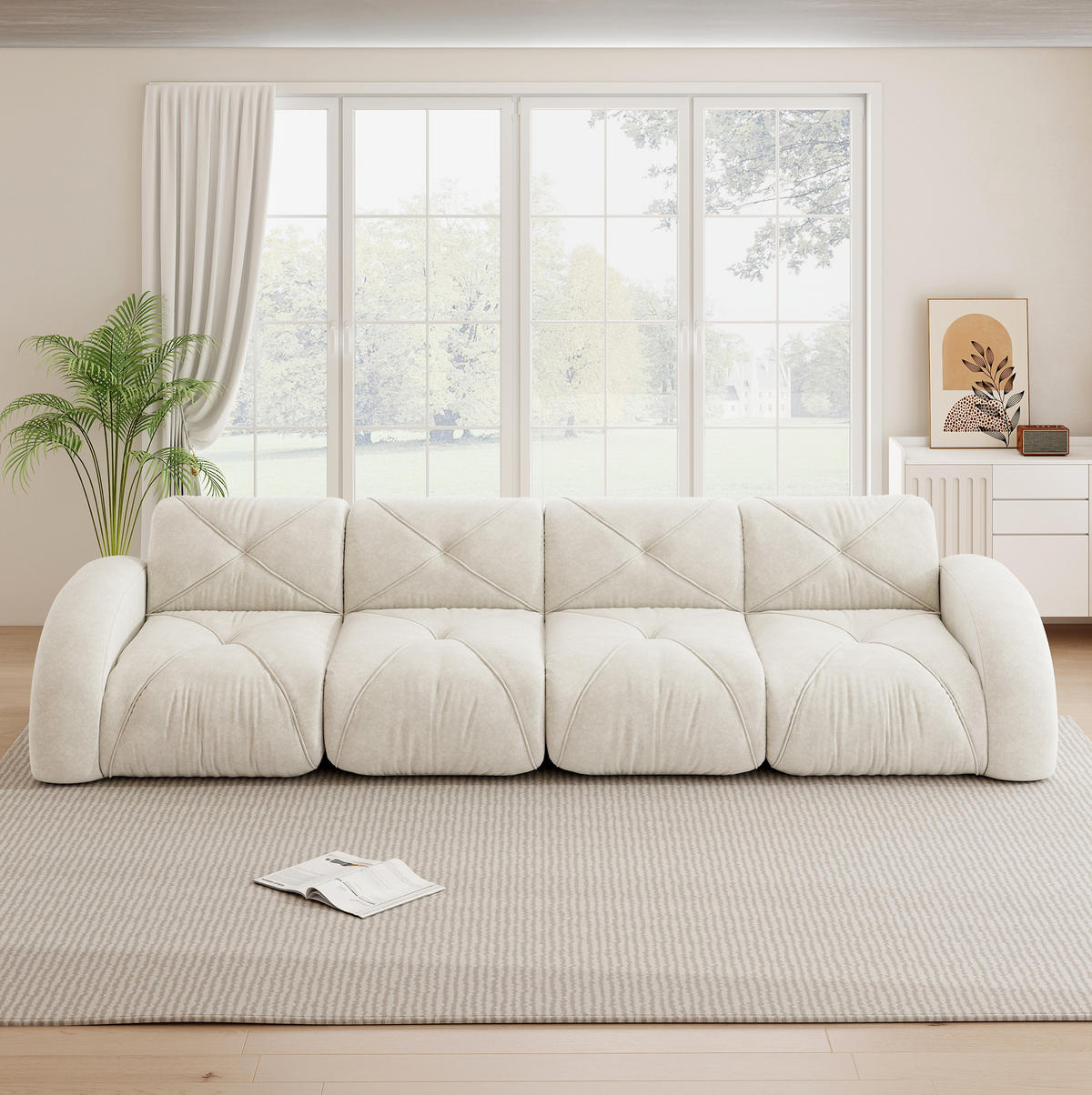SOFA 358/95/76 cm in Hellbeige aus Chenille mit modularem Design - Beige, Textil (95/76/358cm) - Flora Grace