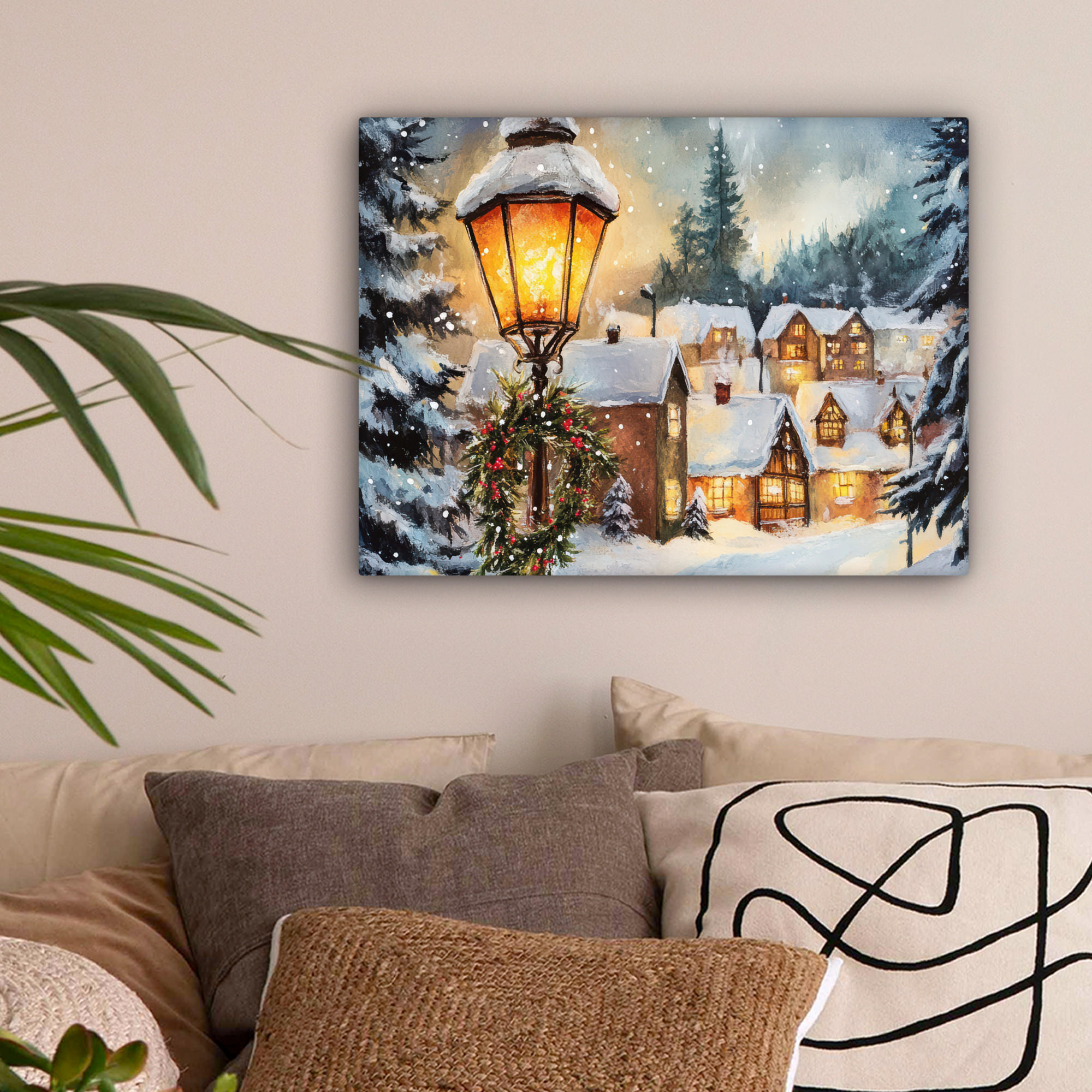 LEINWANDBILD Weihnachtsdorf - Häuser - Schnee - Weihnachten 40x30 cm - Sandfarben, Textil (40/30cm) - MuchoWow