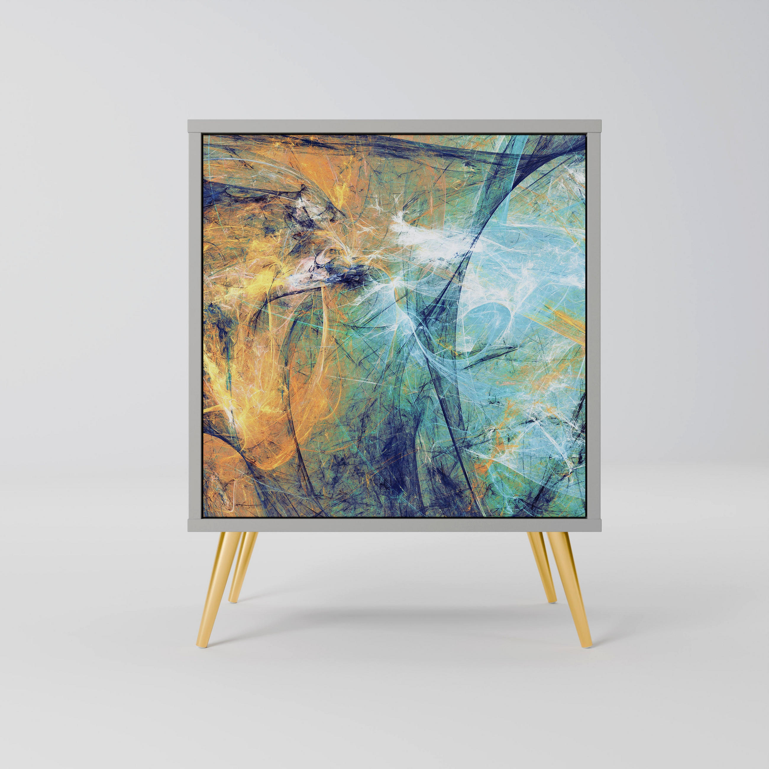 SIDEBOARD ABSTRACT THOUGHTS, Grau, 57,5x42x75,5 cm, Goldfarbene Metallfüße - Goldfarben/Multicolor, Holzwerkstoff/Metall (57.5/75.5/42cm) - SpaceRebels