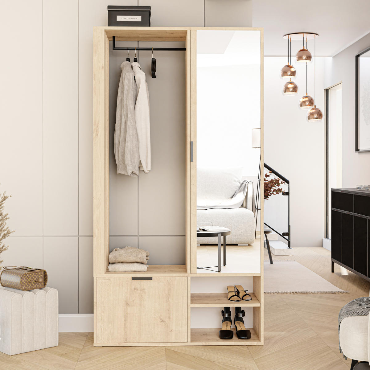 GARDEROBENSCHRANK mit Spiegel-mit Ablagen und Kleiderstange - Braun, Holzwerkstoff (100/190/33cm) - Idohome