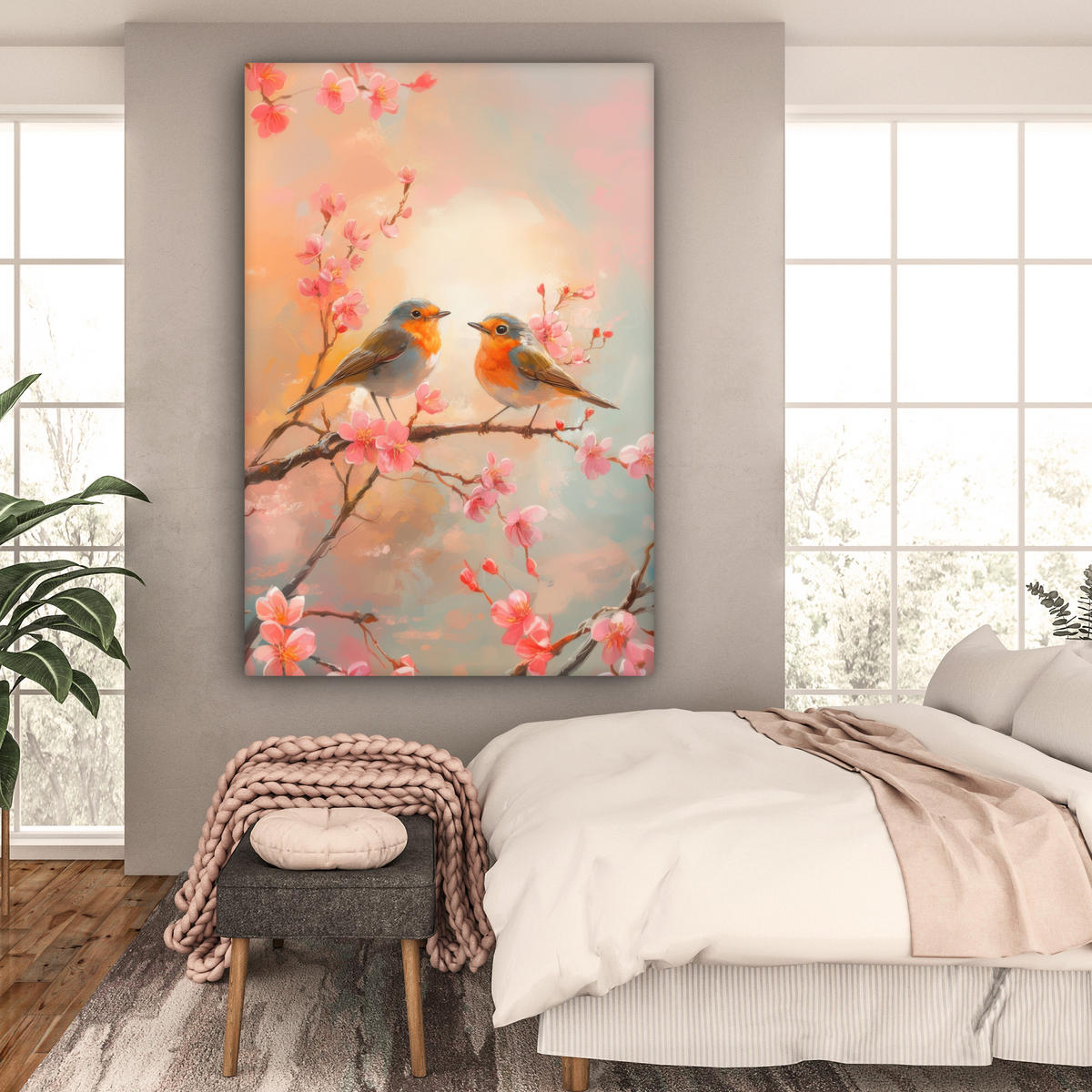 LEINWANDBILD Rotkehlchen - Zierpflanze - Blütenzweig 90x140 cm - Hellrosa, Textil (90/140cm) - MuchoWow