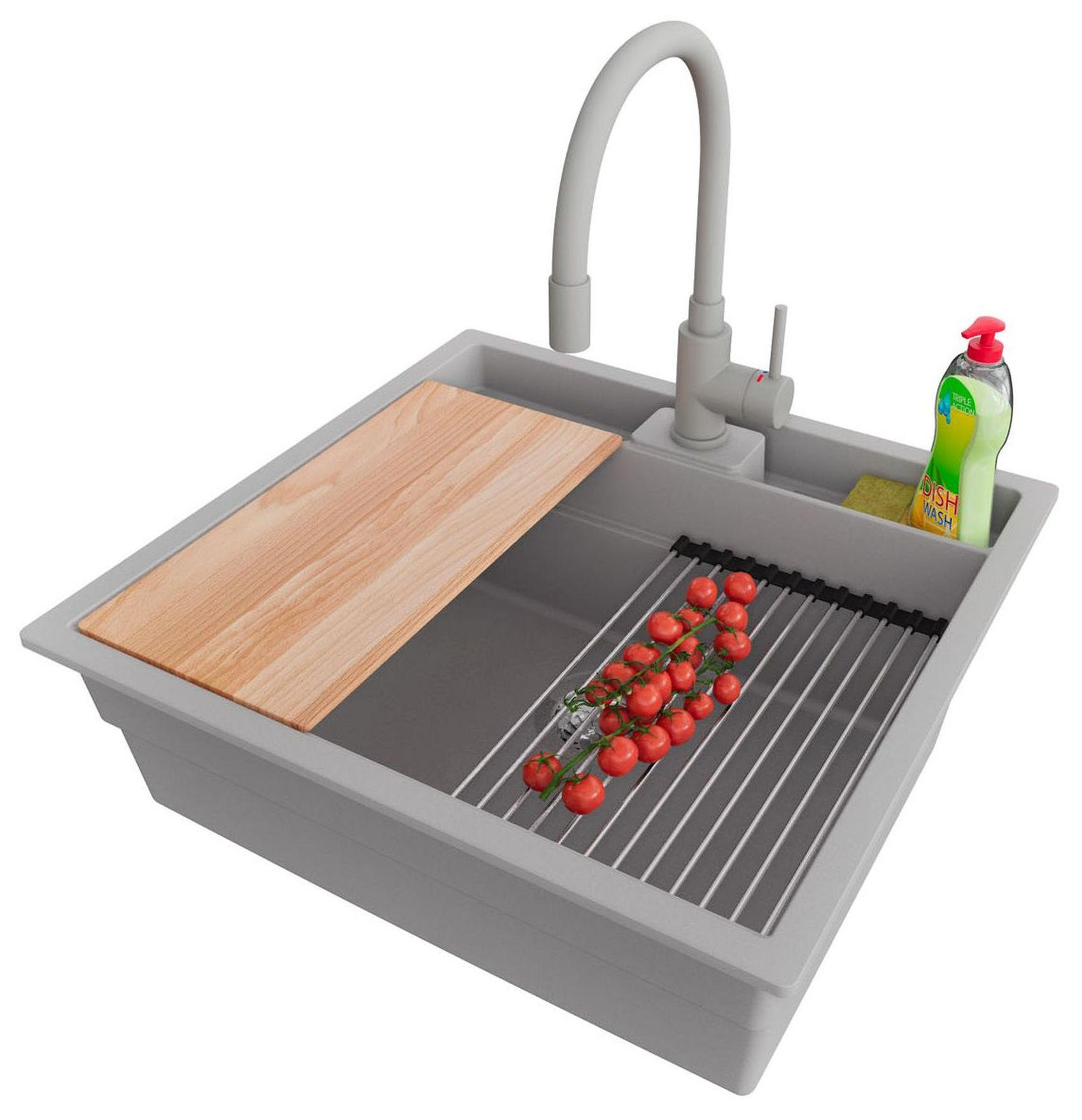 GRANITSPÜLE Bergen Pocket, 2-er set Grau 56/54 cm 1 Becken + Küchenarmatur 38/14 cm + Ablauf-Set + Küchenzubehörset ab 60er Unterschrank - Chromfarben/Beige, Kunststoff (56/20/54cm) - Primagran