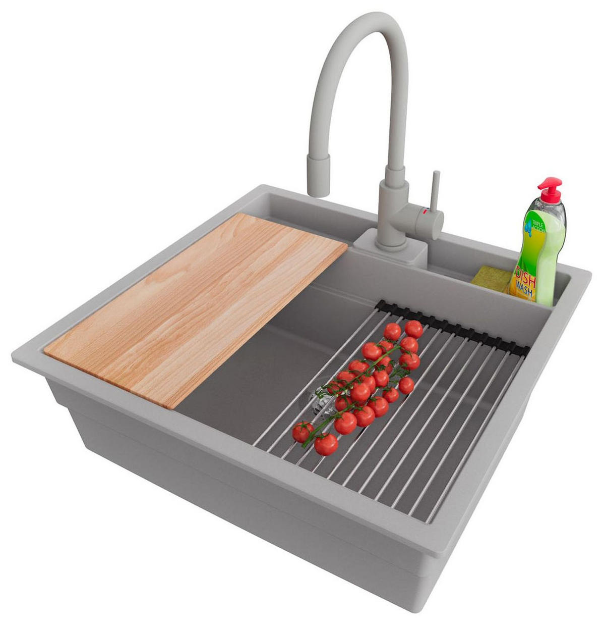 GRANITSPÜLE Bergen Pocket, 2-er set Grau 56/54 cm 1 Becken + Küchenarmatur 38/14 cm + Ablauf-Set + Küchenzubehörset ab 60er Unterschrank - Chromfarben/Beige, Kunststoff (56/20/54cm) - Primagran