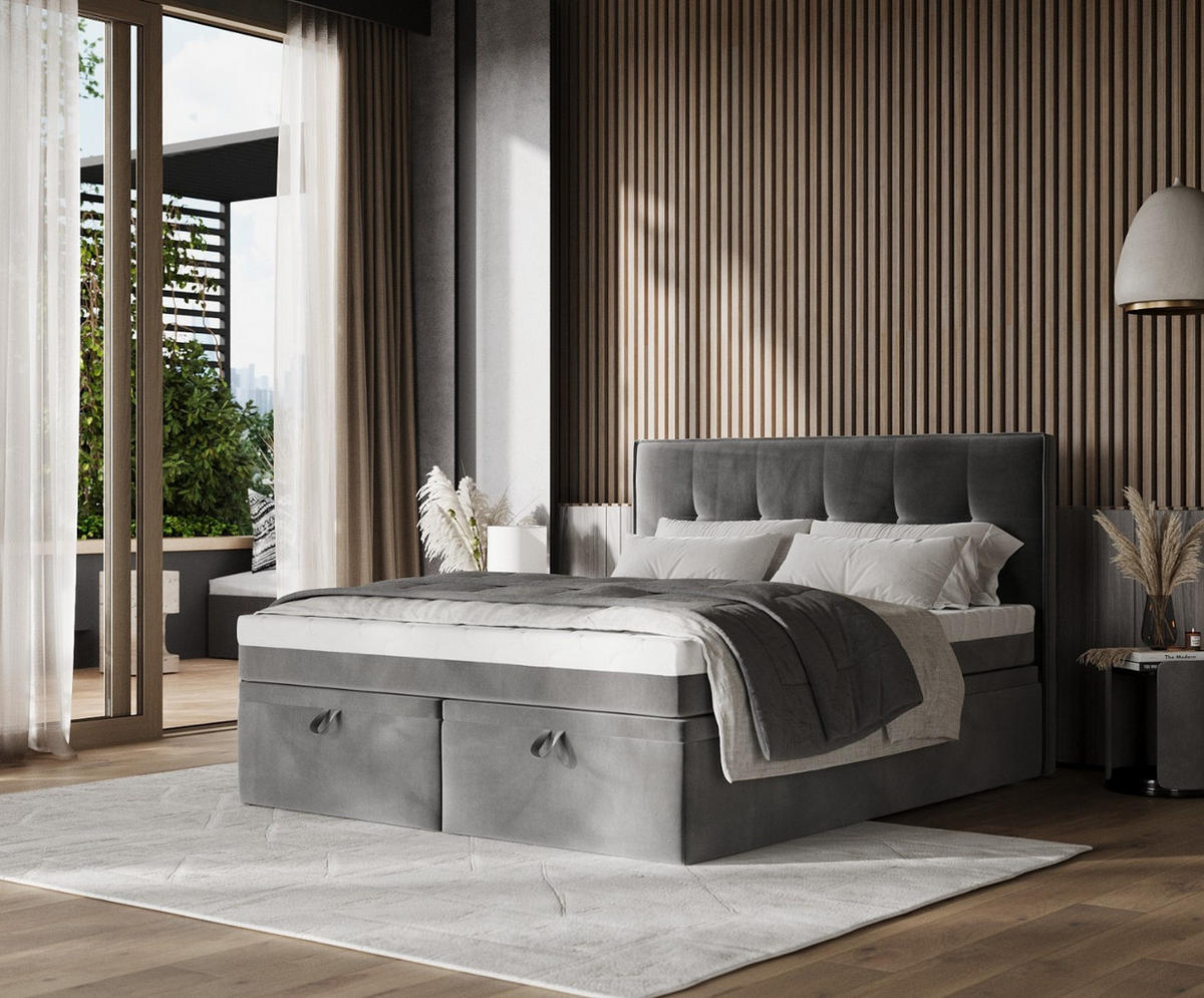 BOXBETT Arivo 160/200 cm Grau im Kronos Stoff - Schwarz/Grau, Holz/Holzwerkstoff (160/200cm) - AltaBeds