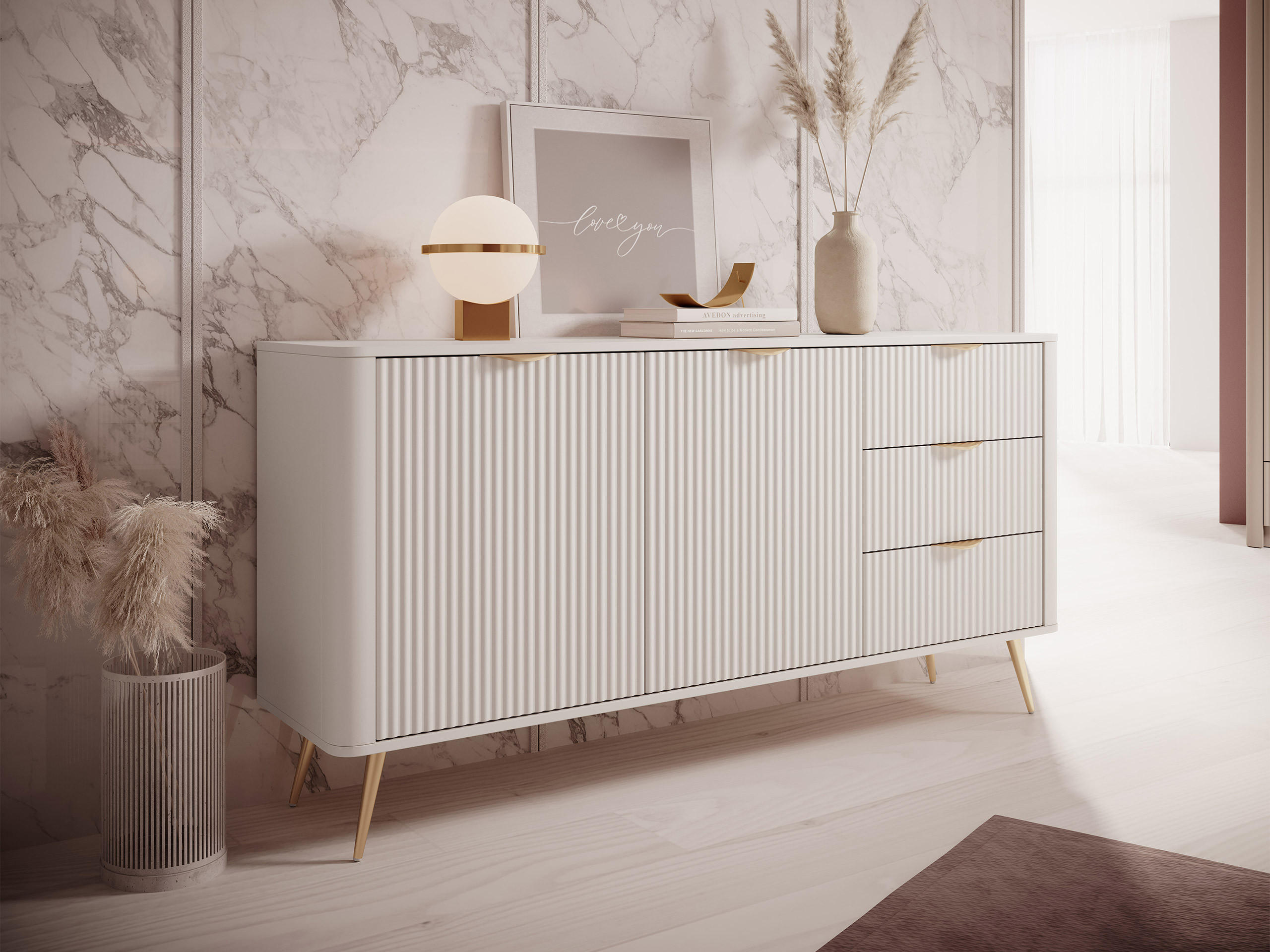KOMBIKOMMODE Lante 2D3S - Beige/Goldfarben, Holzwerkstoff/Metall (164/82/38cm) - MIRJAN24