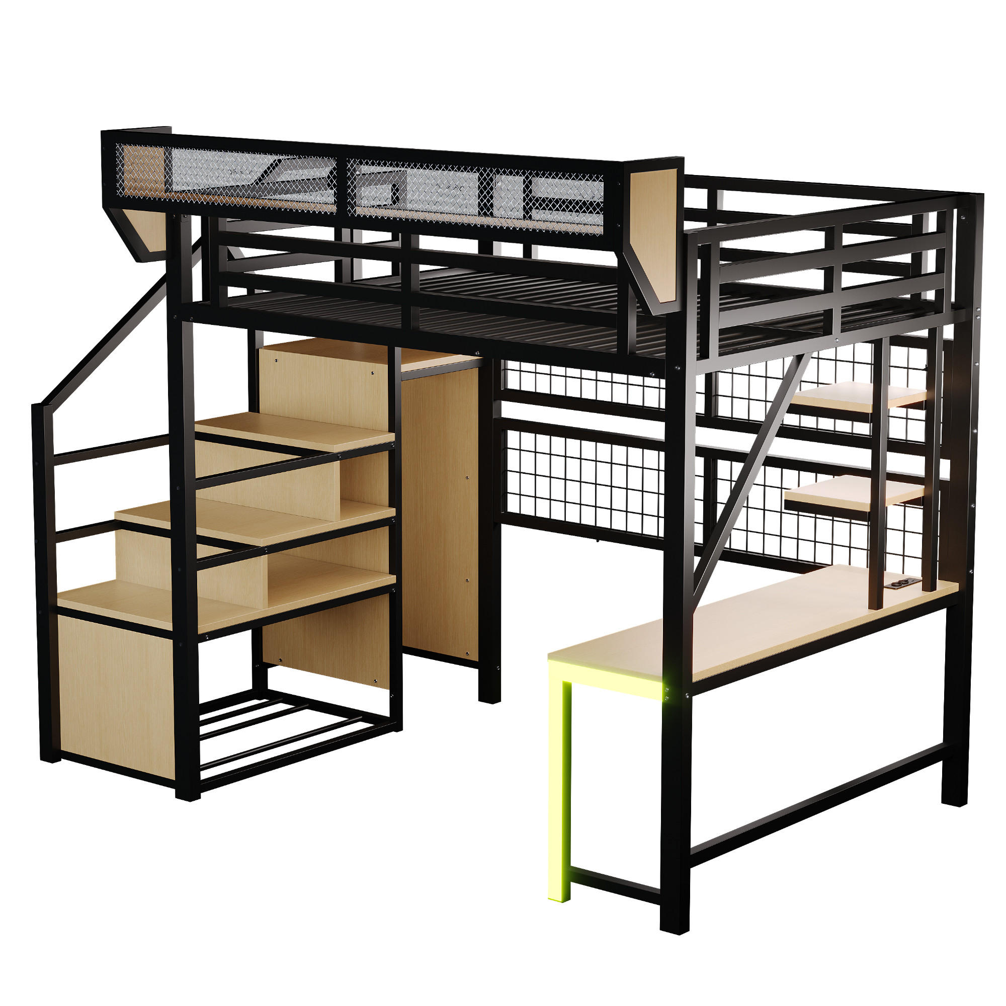 HOCHBETT 140/200 cm DE-01535, in Schwarz, mit Schreibtisch, LED-Beleuchtung und Steckdose - Schwarz, Metall (140/200cm) - ComfortXL
