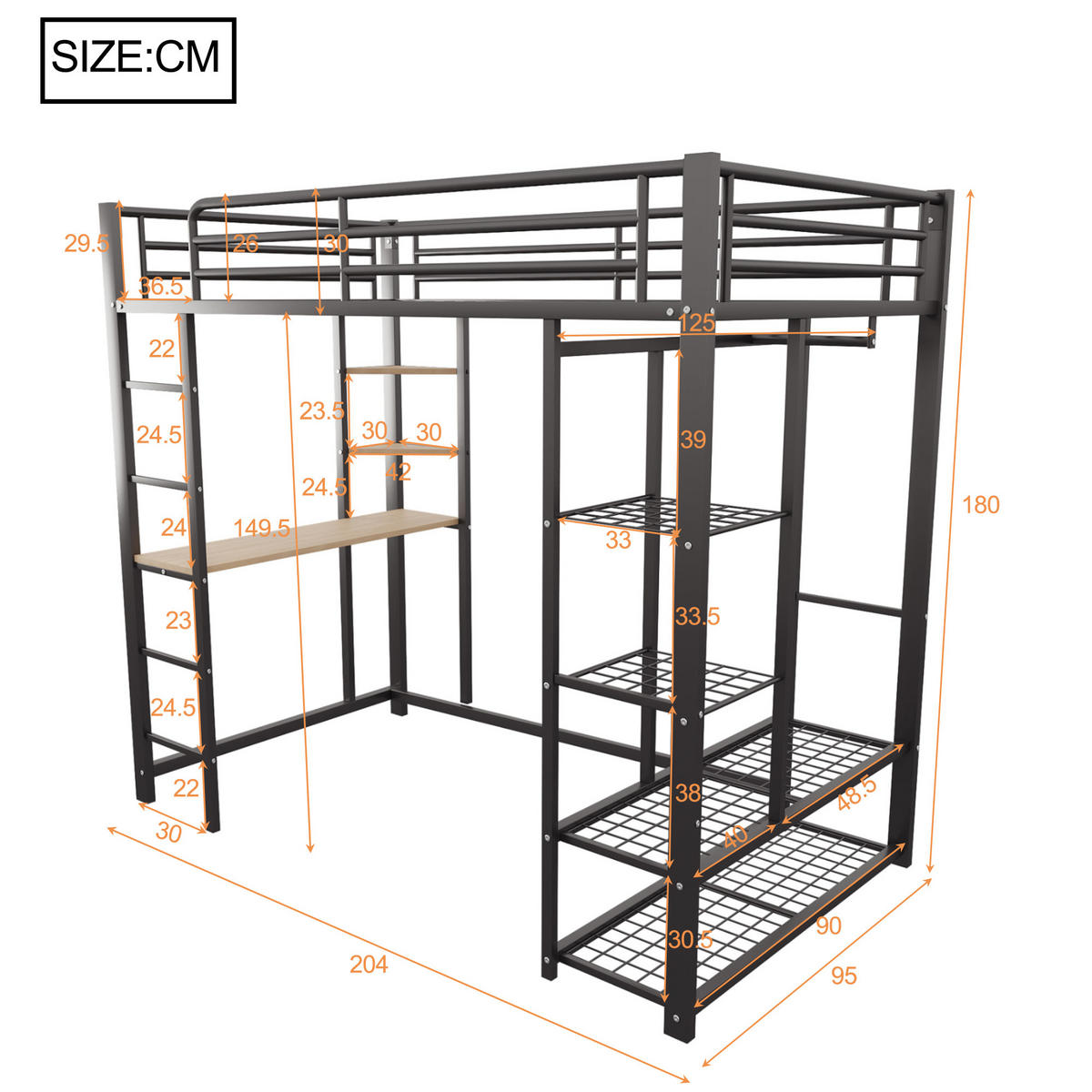 HOCHBETT mit Schreibtisch, Regalen und Stauraum - Schwarz, Holzwerkstoff/Metall - Urban Meuble