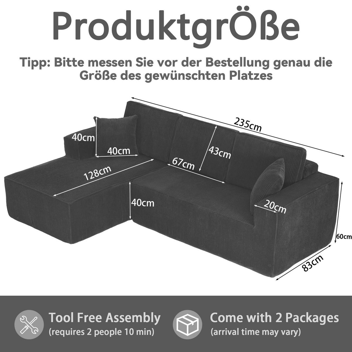 ECKSOFA Cord Schwarz mit 2 Kissen - Schwarz, Textil (235/128cm) - WISHDOR