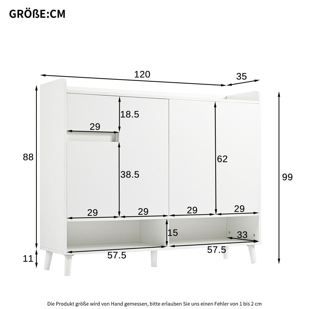 SCHUHSCHRANK 120/35/99 cm in Weiß mit 4 Türen, 1 Schublade und verstellbarem Boden - Weiß, Holzwerkstoff (120/99/35cm) - BEAOK