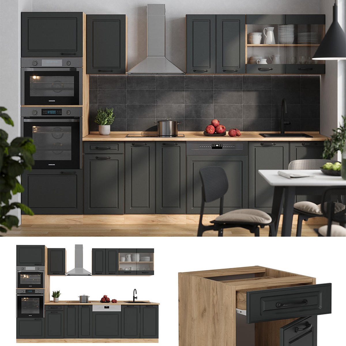 KÜCHENZEILE R-Line Anthrazit Landhaus/Goldkraft Eiche 300 cm mit Hochschrank, ohne Arbeitsplatte - Honigeiche/Anthrazit, Holzwerkstoff (300/81.6/46cm) - Vicco
