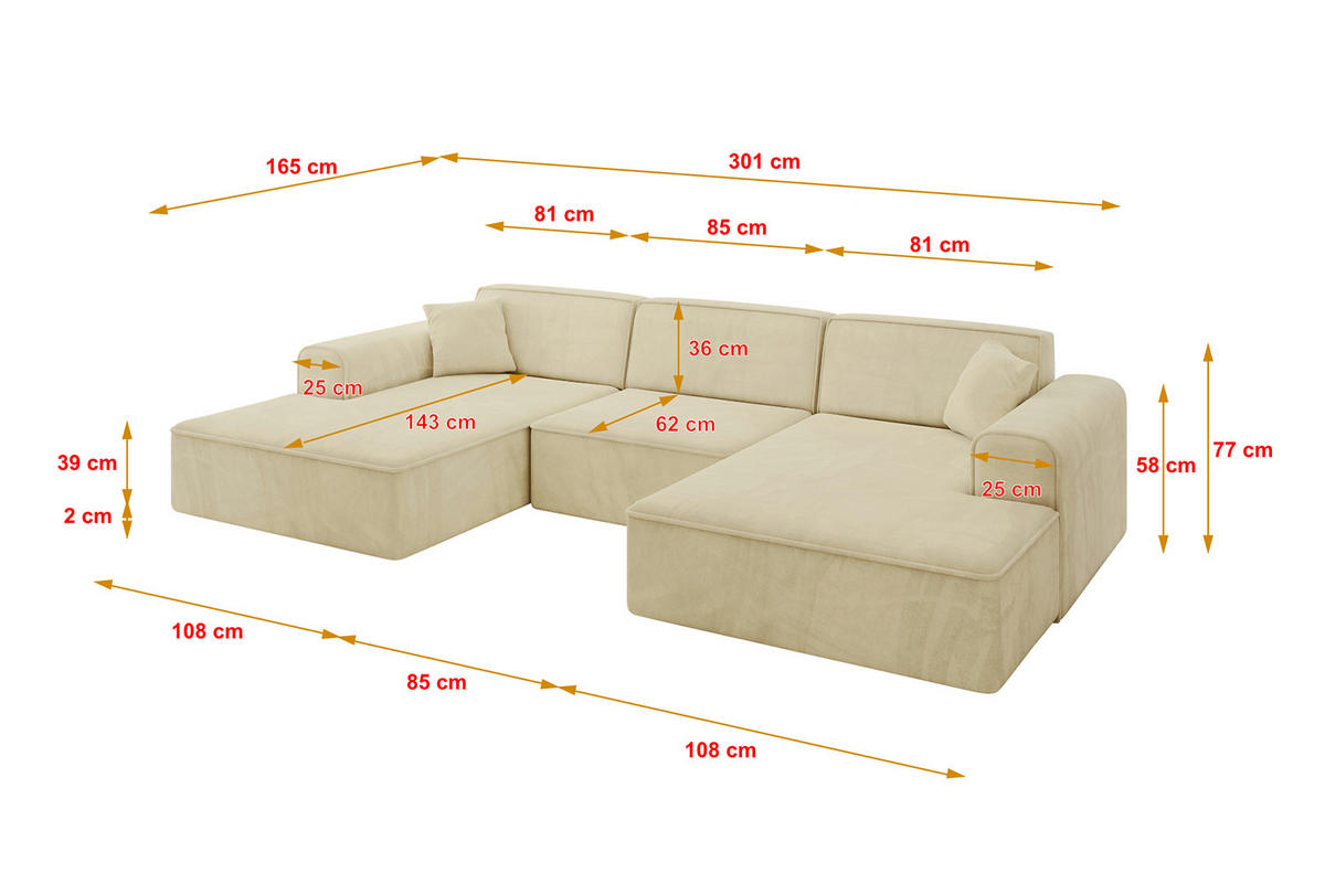 WOHNLANDSCHAFT IREA-U1-v3 - 301x165x77 cm Beige - Taupe, Holzwerkstoff/Textil (301/77/165cm) - ALTDECOR