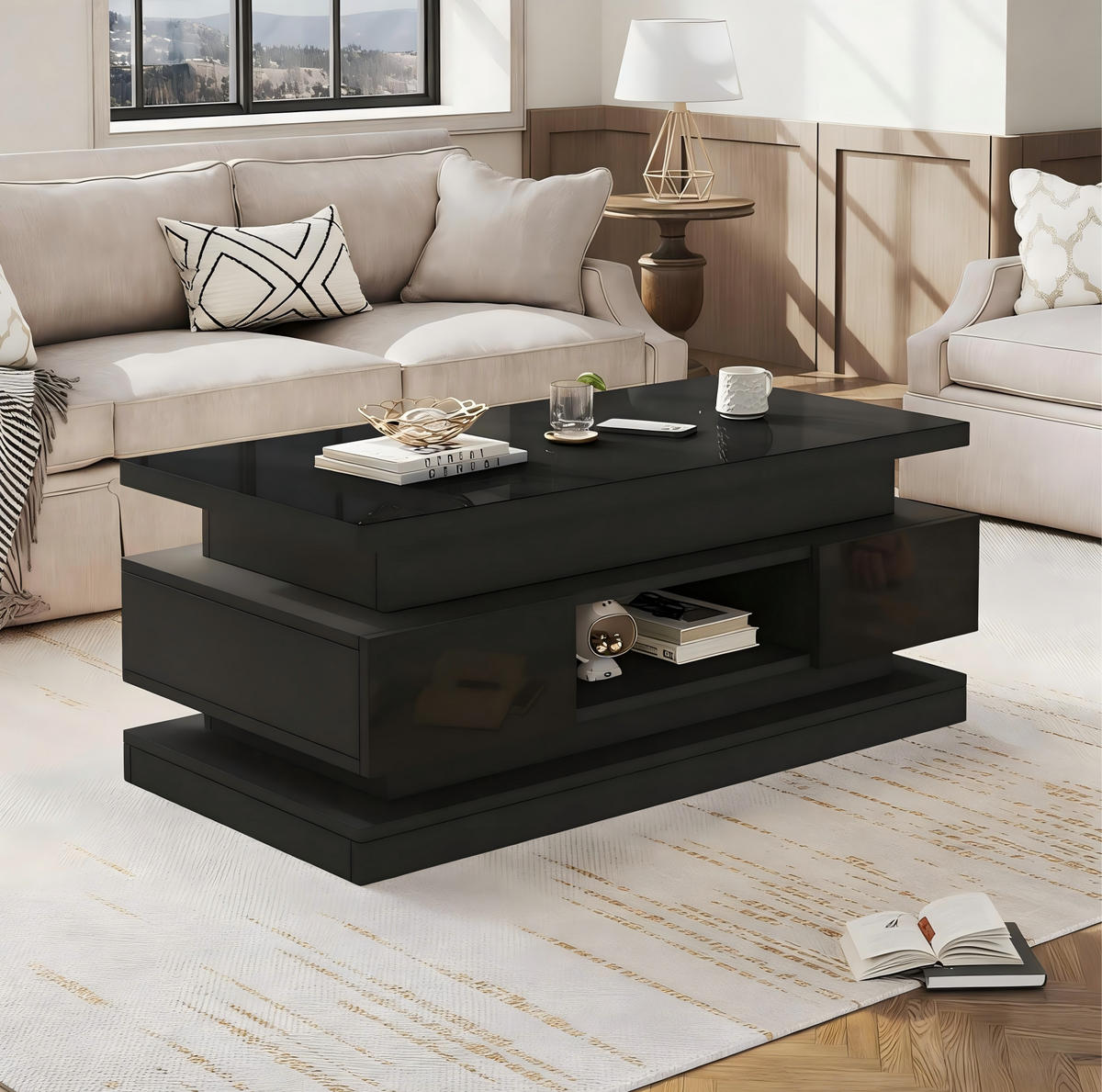 COUCHTISCH 100/50/40 cm aus Spanplatte, höhenverstellbar mit LED, USB-Anschluss und 2 Schubladen, Schwarz - Schwarz, Holzwerkstoff (100/50/40cm) - Modfu