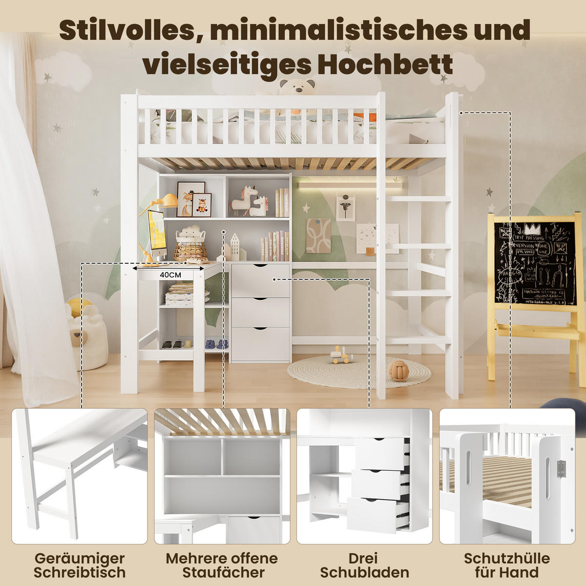 HOCHBETT 90/200 cm Weiß mit Schreibtisch und mehreren Ablagefächern ohne Matratze - Weiß, Holz (90/200cm) - OKWISH