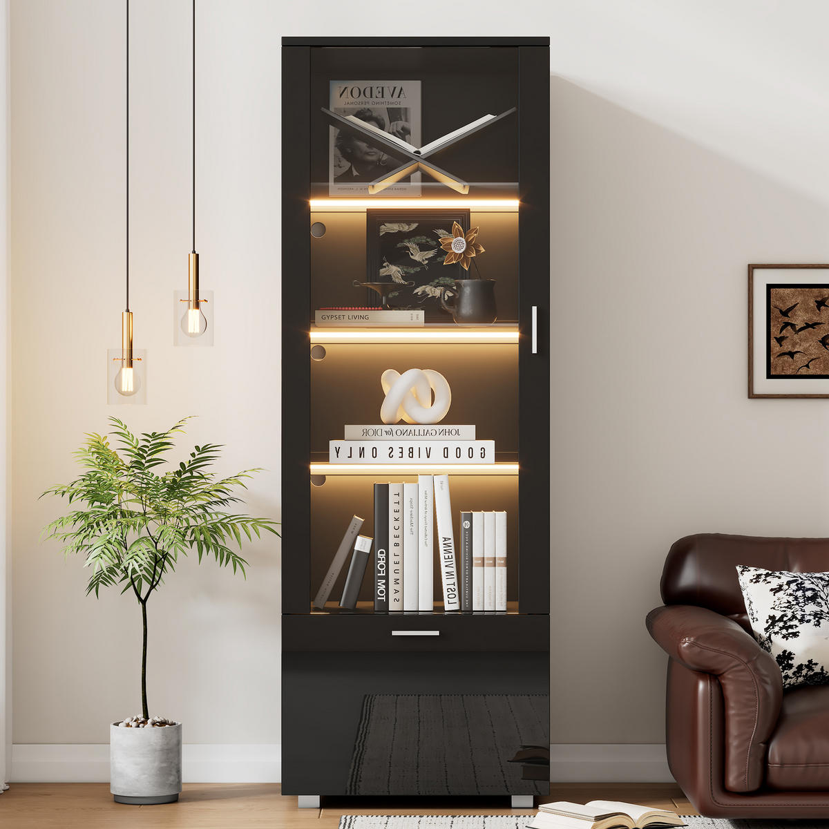 VITRINE Schwarz 50/40/160 cm - Schwarz, Holzwerkstoff (40/160/50cm) - PANGIVO