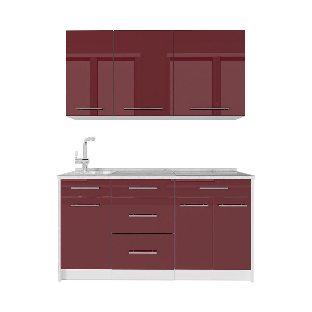 SINGLEKÜCHE Fame-Line, Bordeaux Hochglanz/Weiß, 150 cm, AP Marmor - Bordeaux/Weiß, Holzwerkstoff (150/82/60cm) - Vicco