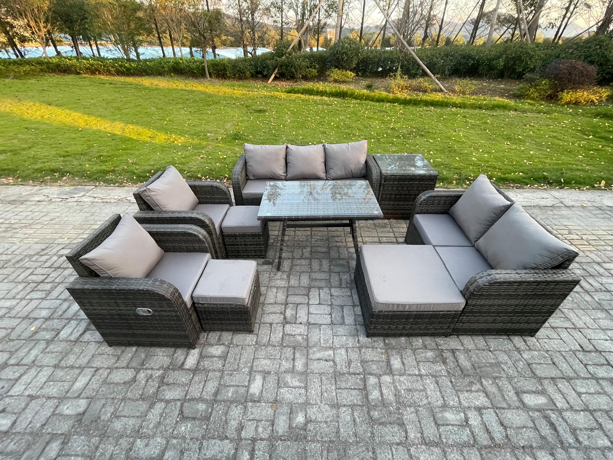 GARTENMÖBEL SET Polyrattan Dunkelgrau 10-Sitzer - Dunkelgrau/Grau, Glas/Kunststoff - Fimous