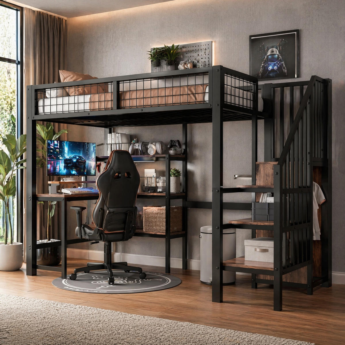 HOCHBETT 90/200 mit Schreibtisch, Regalen und Kleiderschrank in Schwarz - Schwarz, Holz/Metall (90/200cm) - EVRYAE