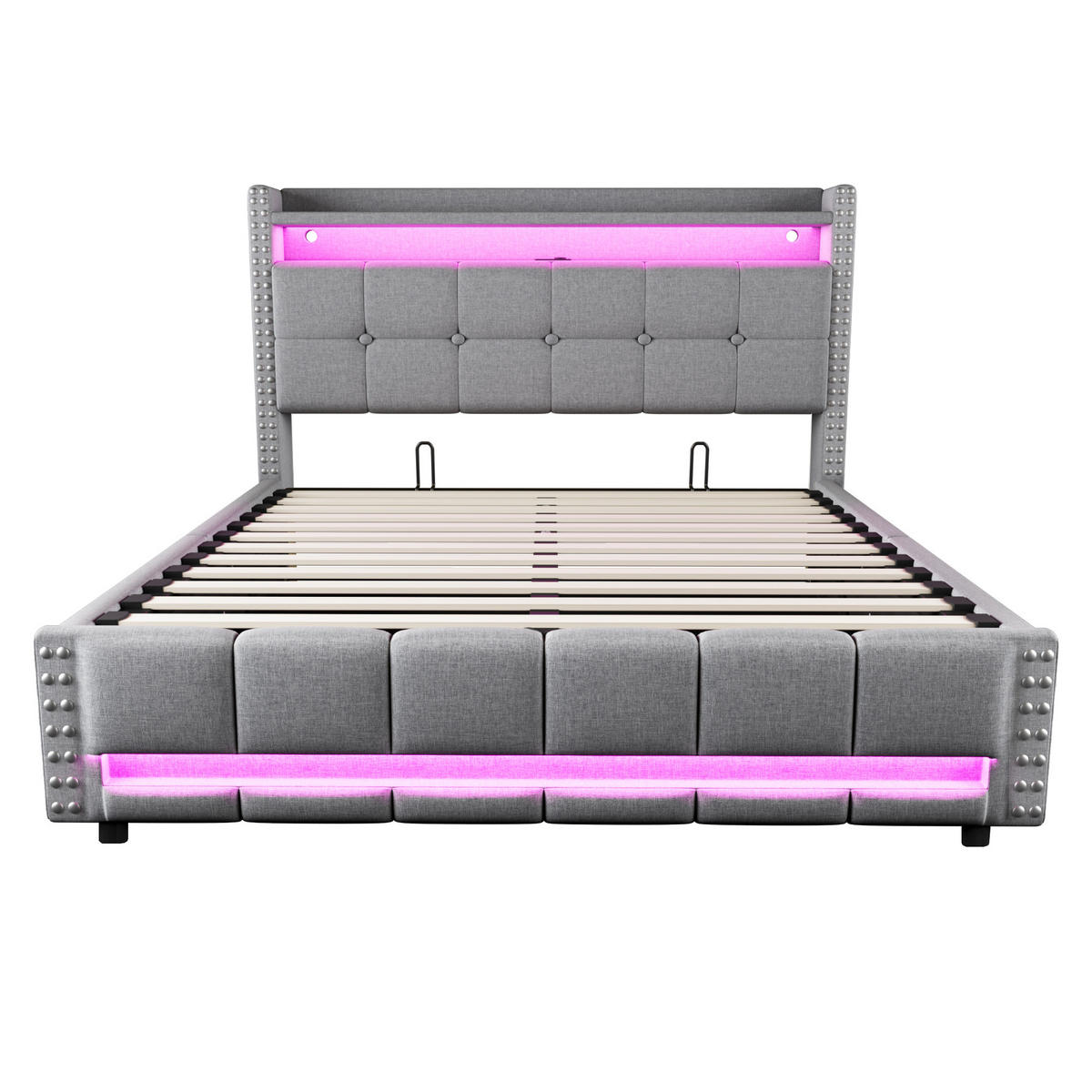 POLSTERBETT 160/200 cm hellgrau mit LED-Beleuchtung und USB-Steckdose - Hellgrau, Textil (160/200cm) - OKWISH