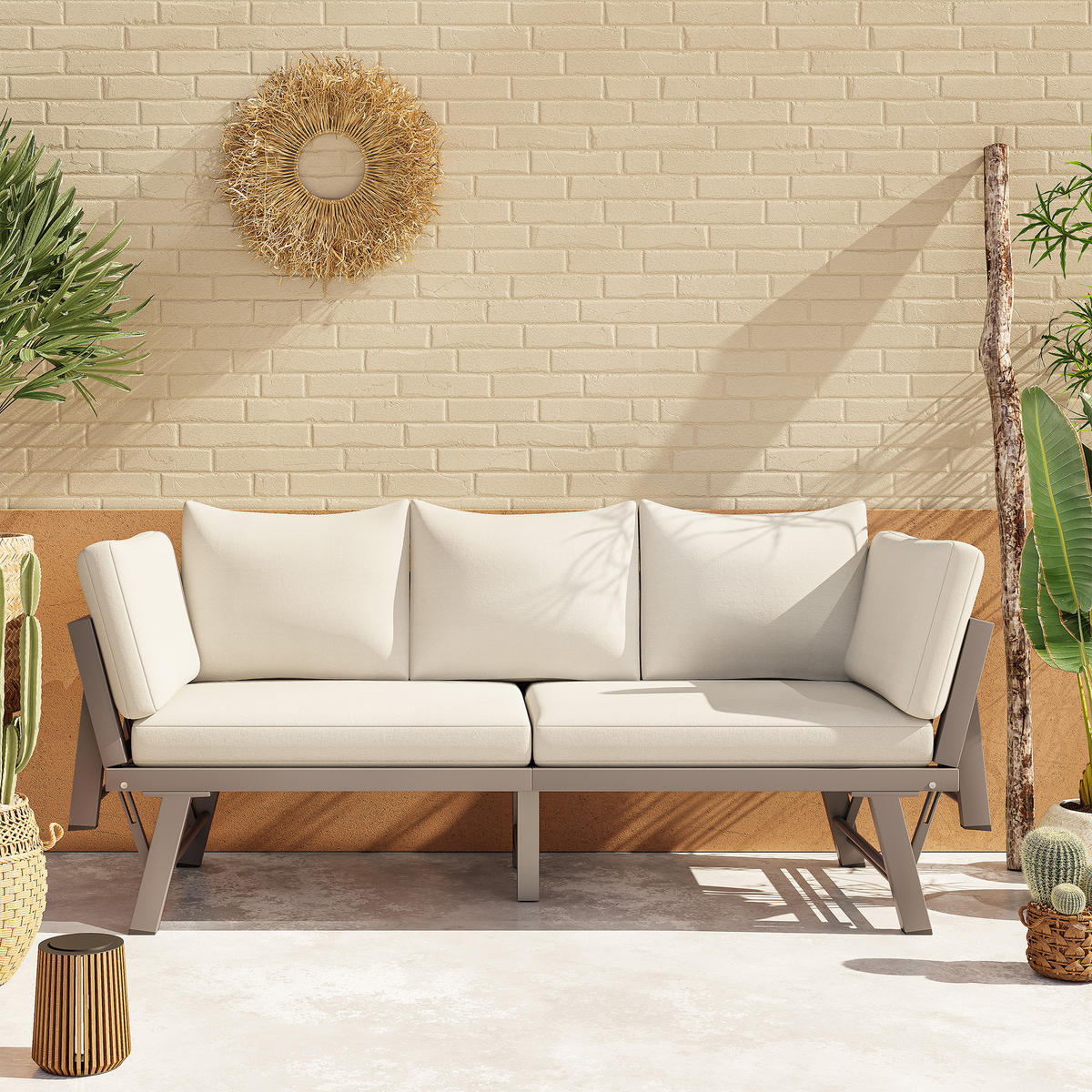 GARTENMÖBEL-SET, 3-Sitzer Outdoorsofa, Liegefunktion, Beige - Beige, Textil - FLIEKS