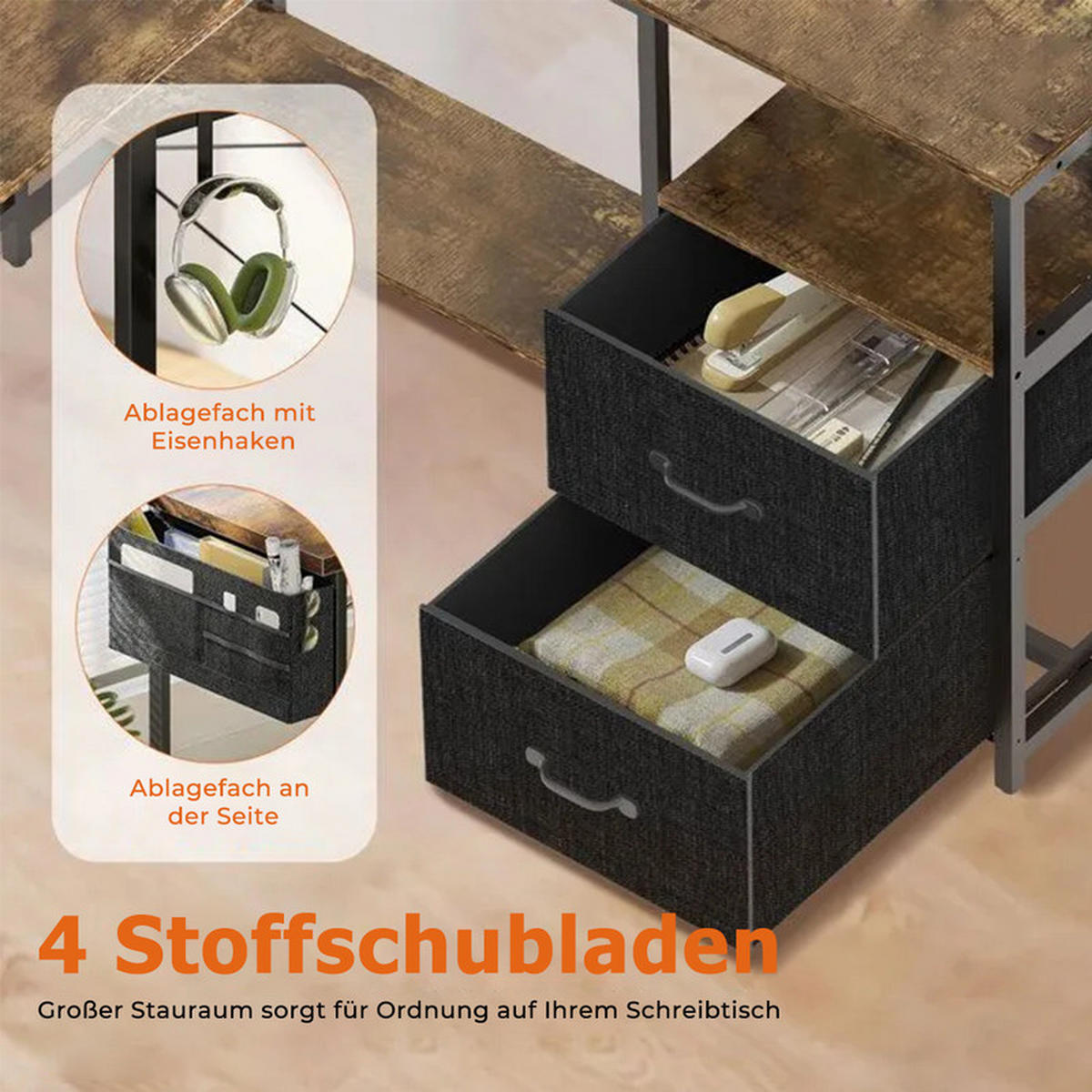 GAMINGTISCH L-förmig,120 x 120 x 75 cm,Eckschreibtisch mit Ablagefach,mit Monitorständer,2 USB mit 3 Buchsen,Braun - Braun, Metall (120/48/75cm)