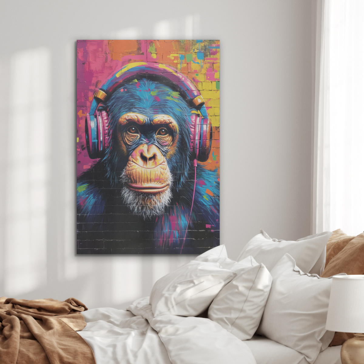 AKUSTIKPANEEL Graffiti - Schimpanse - Straßenkunst - Kopfhörer - Affe 70x100 cm - Blau, Textil (70/0.9/100cm) - MuchoWow