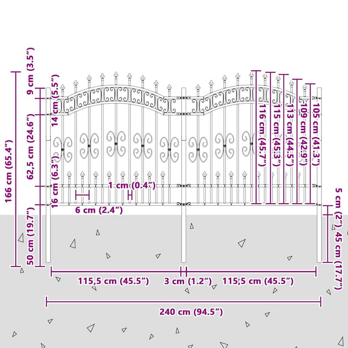 GARTENZAUN mit Speerspitze, 240/125 cm, aus Pulverbeschichteter Stahl, Schwarz - Schwarz, Metall (240/140cm) - vidaXL
