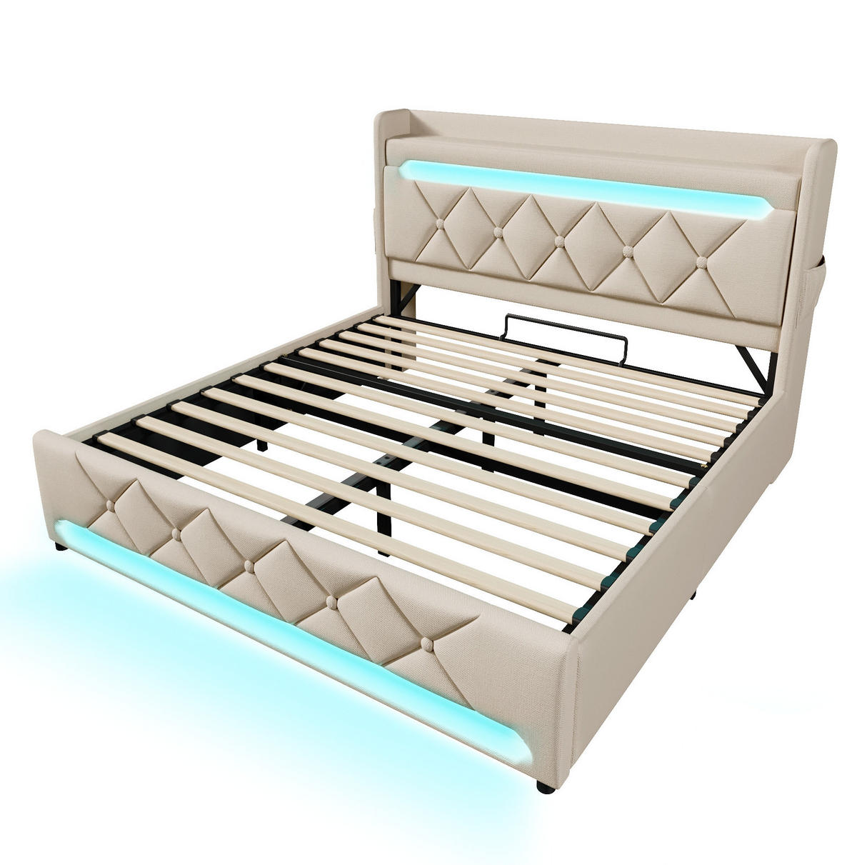 POLSTERBETT 140/200 cm mit LED, USB, Type-C und hydraulischem Stauraum,und Matratze, Leinen, Beige - Beige, Textil (140/200cm) - Redom