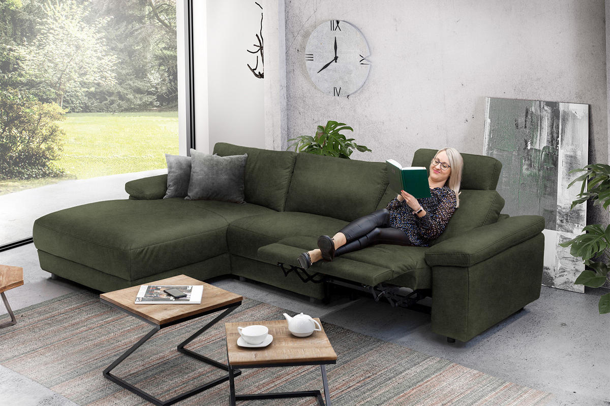 ECKSOFA XL MOTOR. RELAXFUNKTION LOLA Dunkelgrün Leder - Dunkelgrün/Schwarz, Leder (304/178cm) - KAWOLA