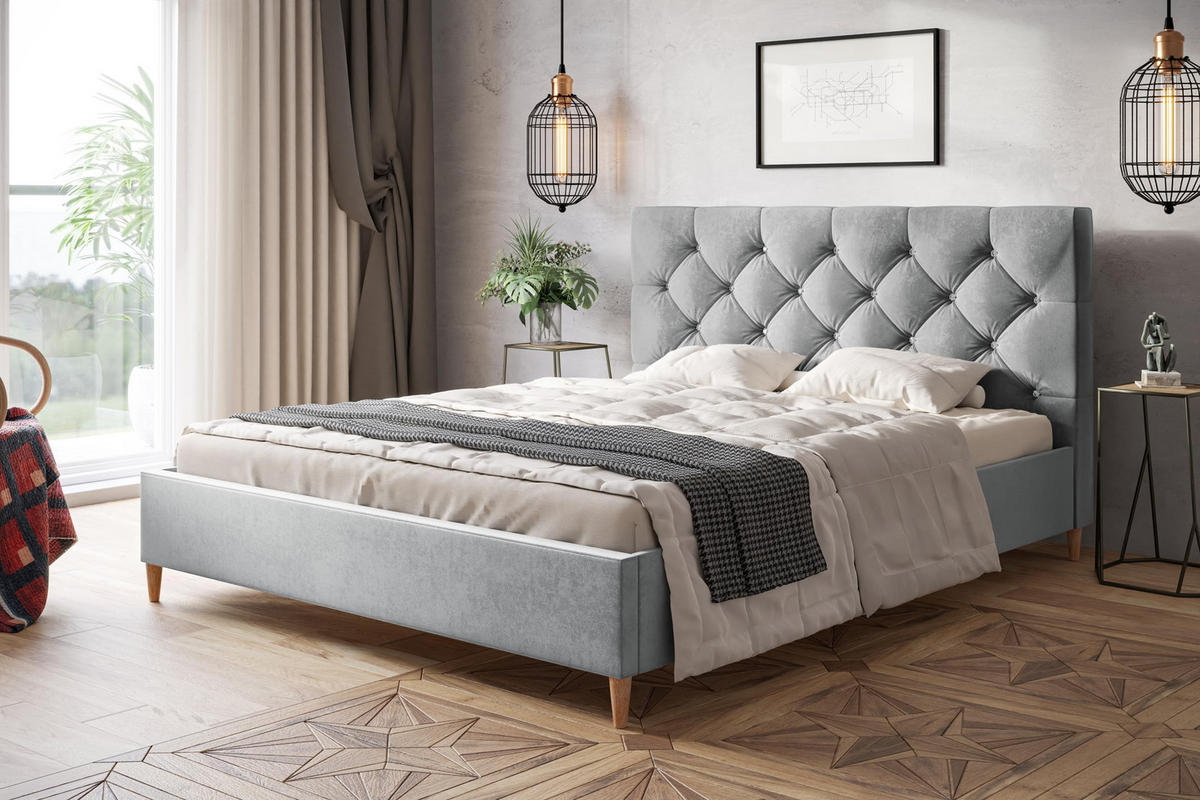 POLSTERBETT LUX Boston mit Kopfteil, 180 x 200 cm, Doppelbett mit Lattenrost aus Holz, Velourstoff Hellgrau, Füße in Farbe: Braun - Hellgrau, Holz/Textil (180/200cm) - Alpi-Möbel