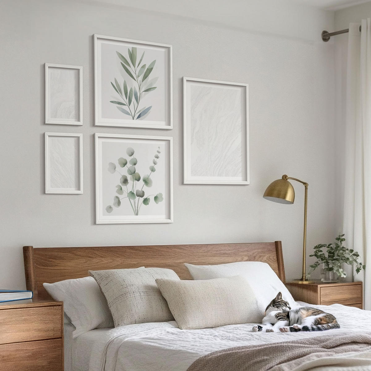 WANDBILDER 5er-Set - 50x50 cm & 20x30 cm & 40x60 cm Weißer Rahmen - Marmorstruktur, pastellfarbene Zweige - Weiß, Kunststoff (40/60cm) - ArtPrintCave