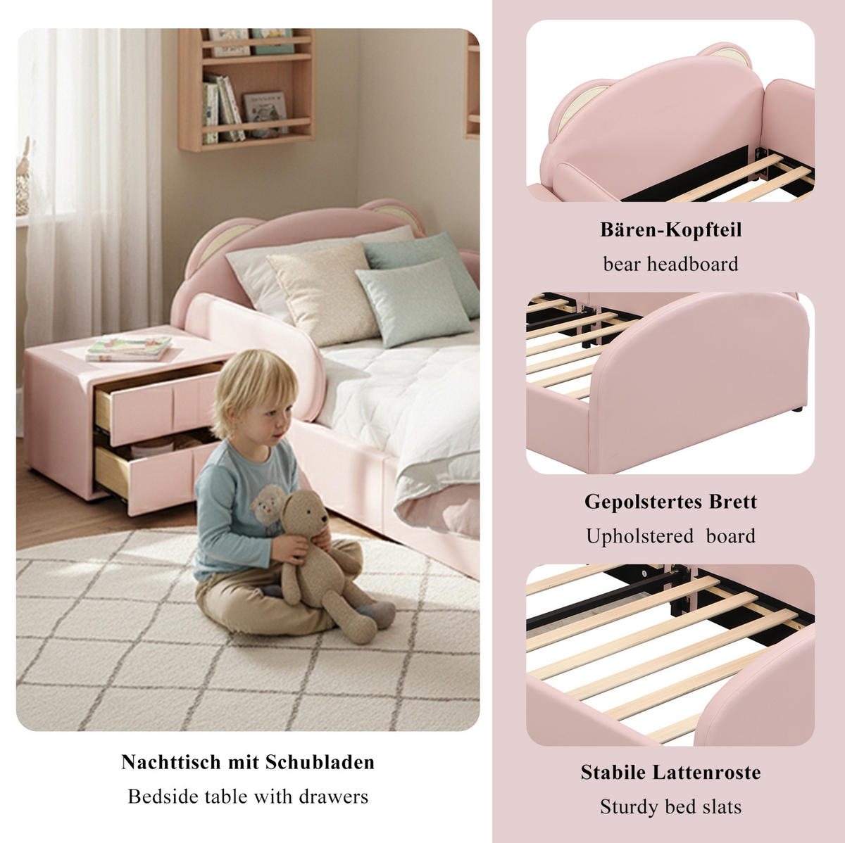 KINDERBETT aus Samt 90x200 cm Rosa mit Nachttisch, Bärenkopfteil und weich gepolsterten Stoßschutzkanten - Rosa, Textil (90/200cm) - Modfu